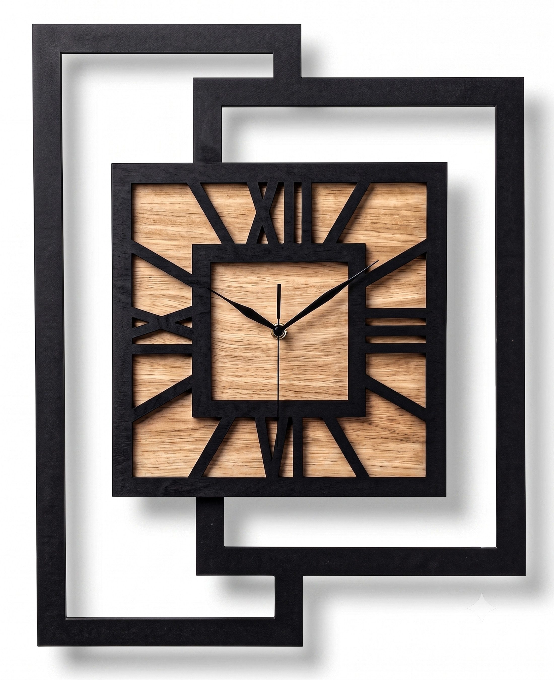 ORNAMENTI Wanduhr Große handgefertigte, moderne, aus Holz, Hingucker, 44 x 56 cm, Eiche (Rechteckig vertikal ohne Tickgeräusche für Wohnzimmer lesbare Ziffern)