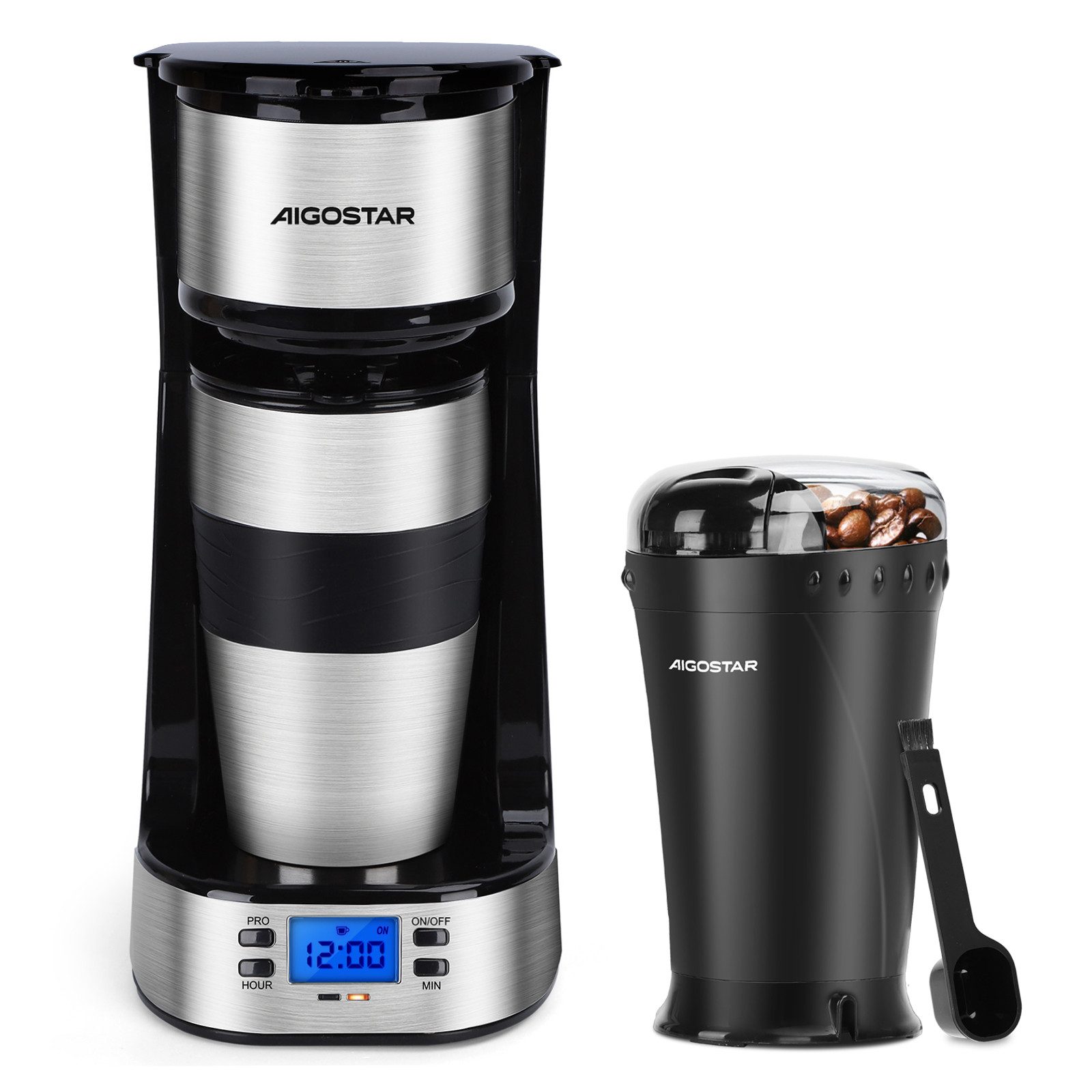 Aigostar Kaffeemaschine mit Mahlwerk, Korbfilter, Kaffeemaschine mit Thermobecher, 24h-Timer, AutoClean-Funktion