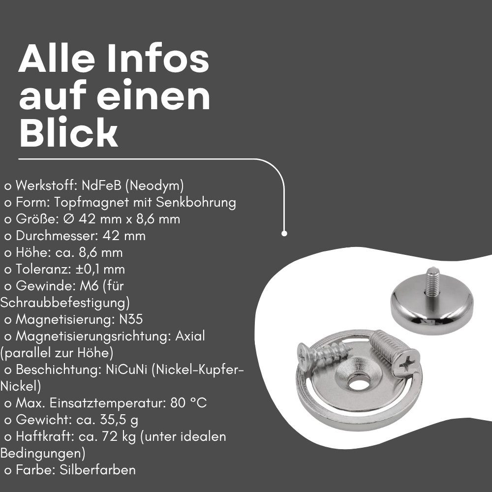 MaajeeKuto Magnet Neodym Topfmagnet Ø42 mm mit Senkbohrung 72 kg Gewinde M6 (1-St)