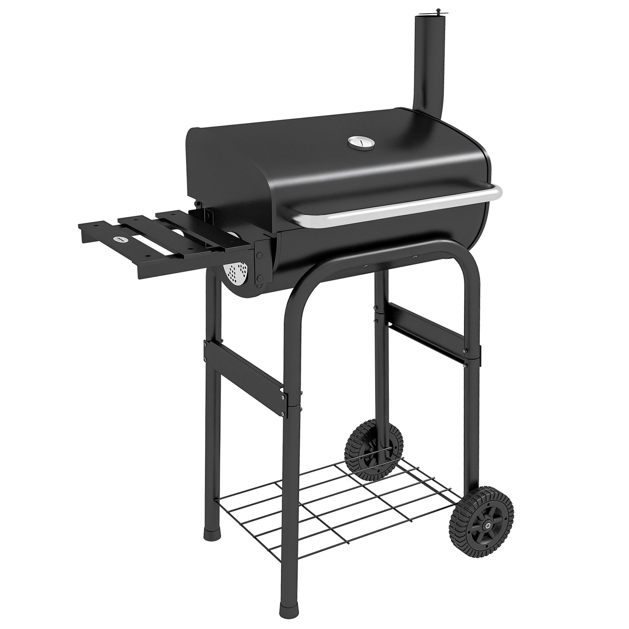 Outsunny Holzkohlegrill mit Regalen, tragbarer BBQ-Wagen-Räucherofen mit Rädern, Deckel, Kohlegrill, Grillwagen, für Garten, Terrasse, Balkon, Dachterrasse, schwarz