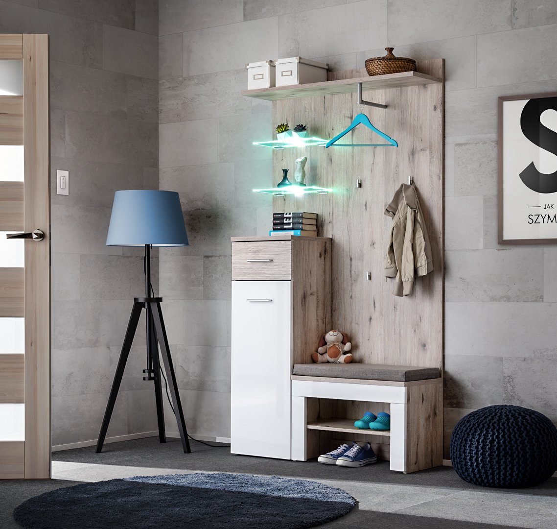 ASM-Moebel Garderobenschrank Flurgarderobe GUSTAVO I mit Led Hochglanzfronten und Sitzbank Mit Hochglanzfronten, Led Beleuchtung, Sitzbank und Kissen