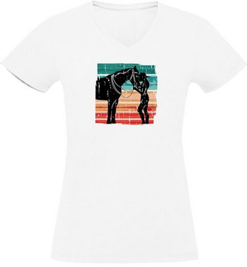 MyDesign24 T-Shirt Damen Pferde Print Shirt bedruckt - Pferd mit Frau V-Ausschnitt Baumwollshirt mit Aufdruck Slim Fit, i135