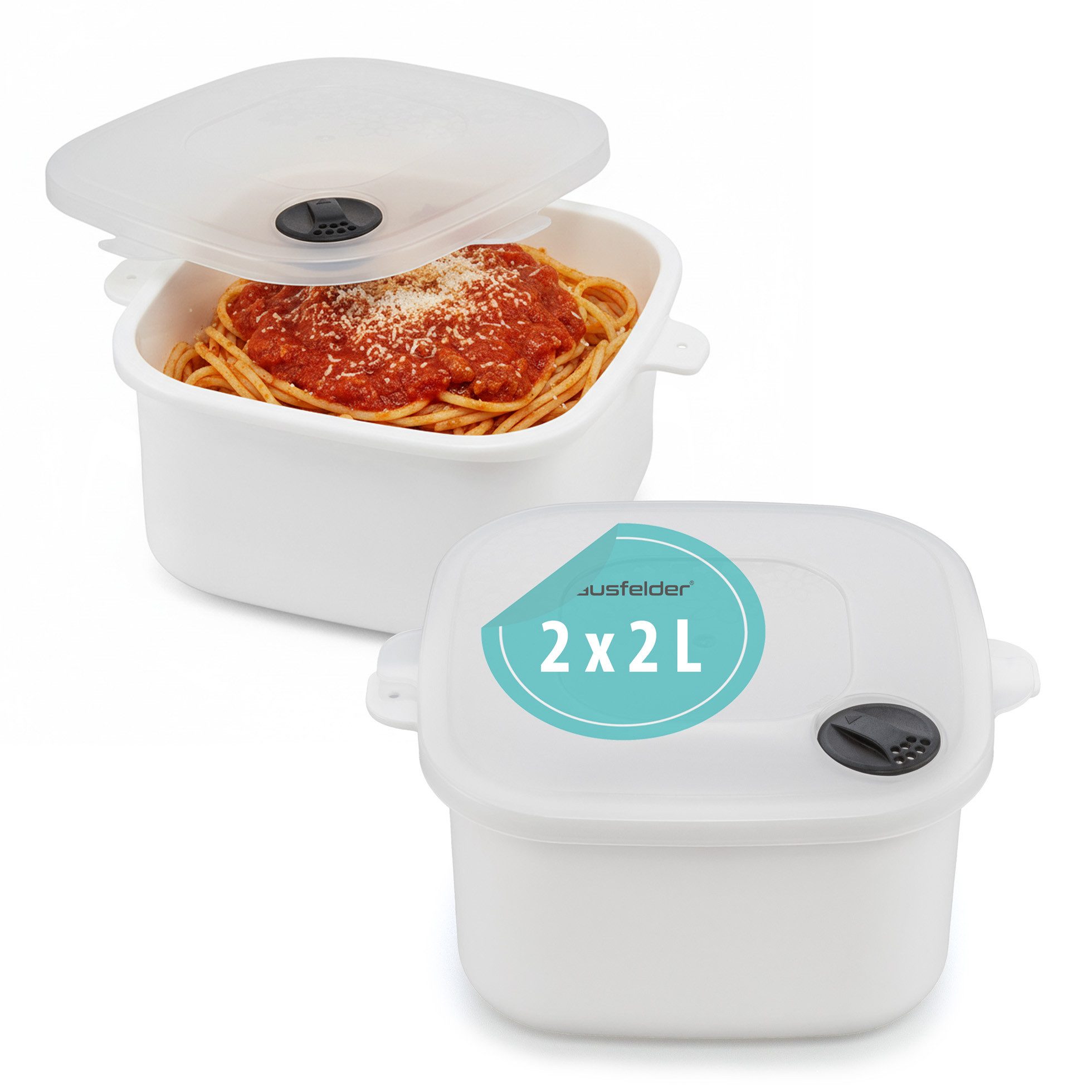 Hausfelder Mikrowellenbehälter Mikrowellentopf 2er Set, 2 x 2 Liter, Mikrowellengeschirrr mit Deckell, Mikrowellentopf 2 x 2 L, (2er Set, Set), BPA-freier Kunststoff, mit Dampfventil