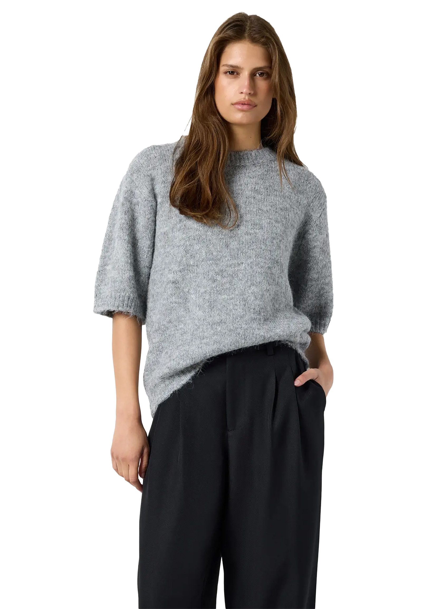 Noisy may Strickpullover Strukturierte Flachstrickoptik Rippbündchen Regular Fit für Damen (1-tlg) Recyceltes Material, Nachhaltig, Kurzarm, Rundhals, Flachstrick