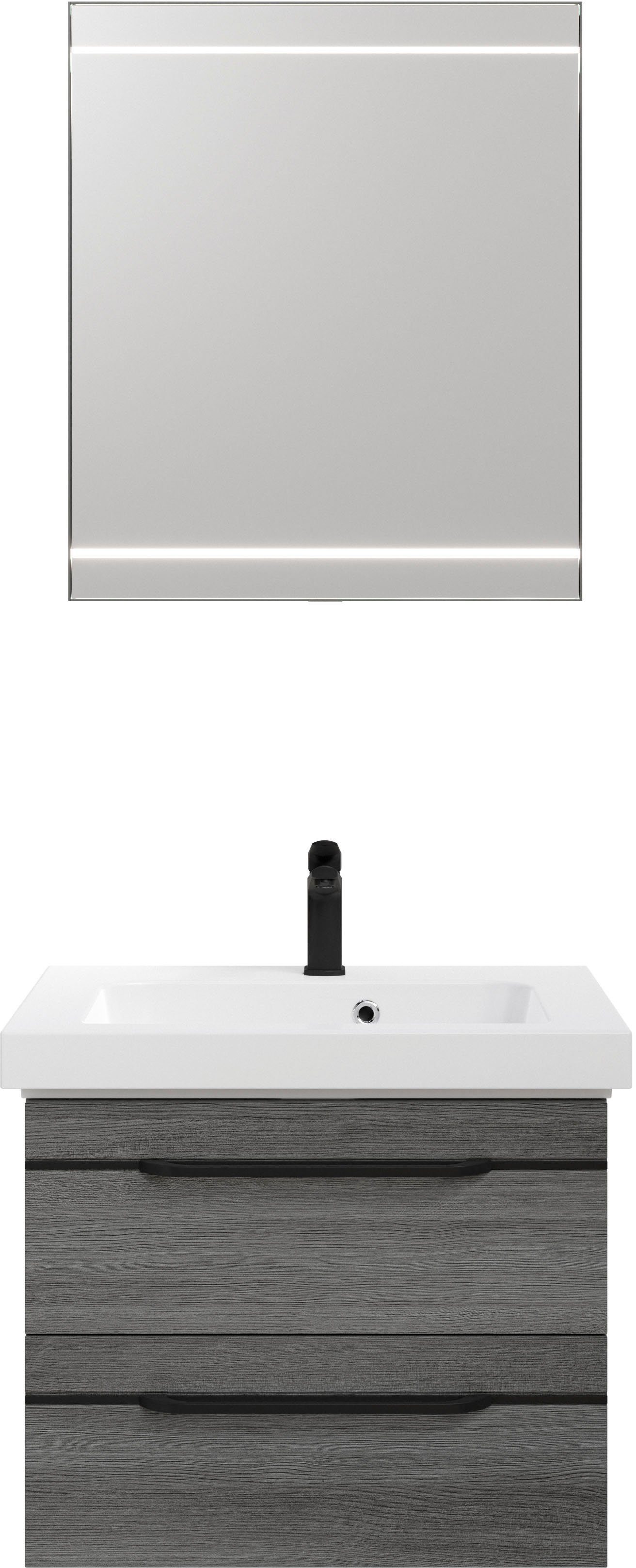 Saphir Badmöbel-Set Balto 2-teilig Mineralmarmor-Waschtisch mit LED-Spiegel, Waschplatz, (2-St), 64,4 cm breit, mit 2 Schubladen, Badschrank inkl. Schubladendämpfer