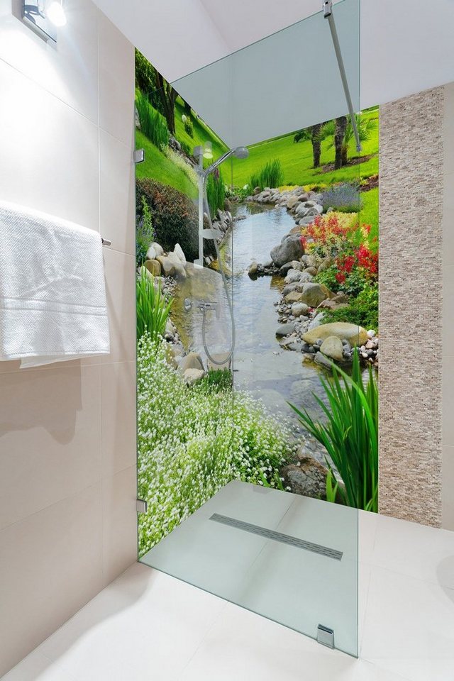 Thumbnail - Wallario Duschrückwand Blumen am Teich, (2-tlg)