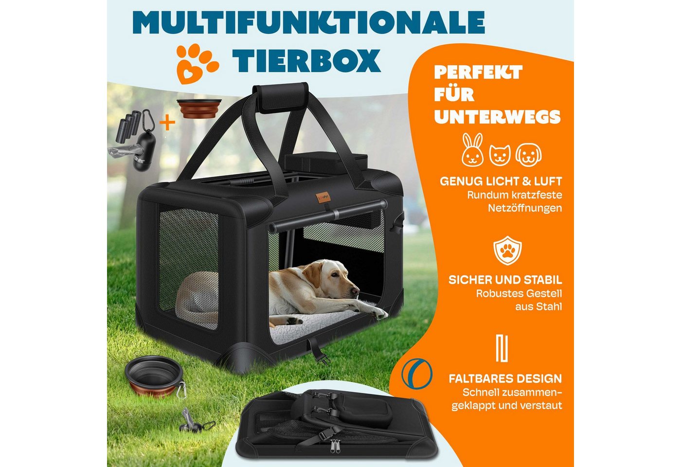 Thumbnail - Lovpet Tiertransportbox bis 7 kg, Hundebox Hundetransportbox faltbar Inkl.Hundenapf Transport