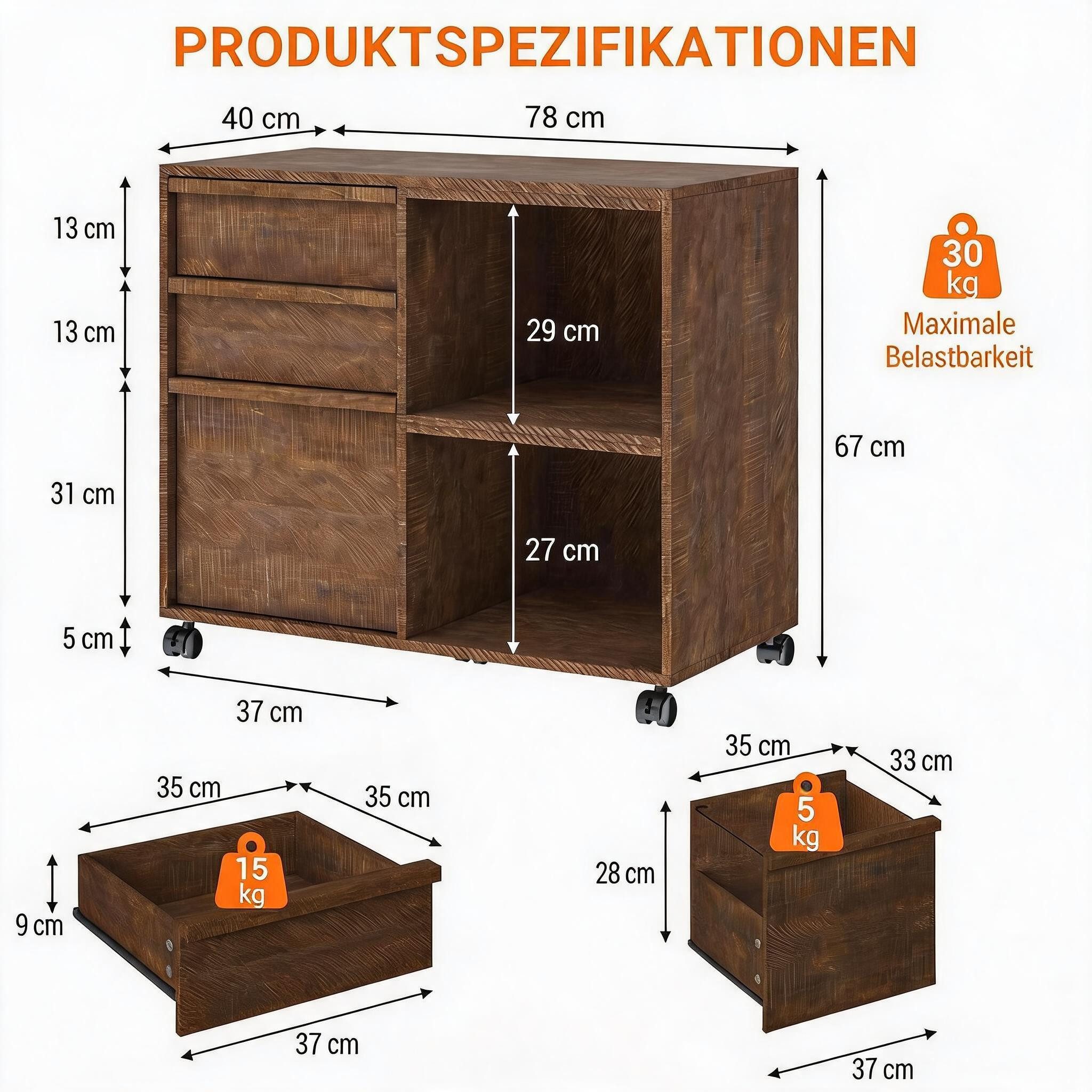 GarveeMore Aktenschrank Container Stauraumschrank mit 3 Schubladen und offenen Ablagefächern (1-St) hoch 67cm, mit Rolle Computerschrank Beistellschrank Mehrzweckschrank