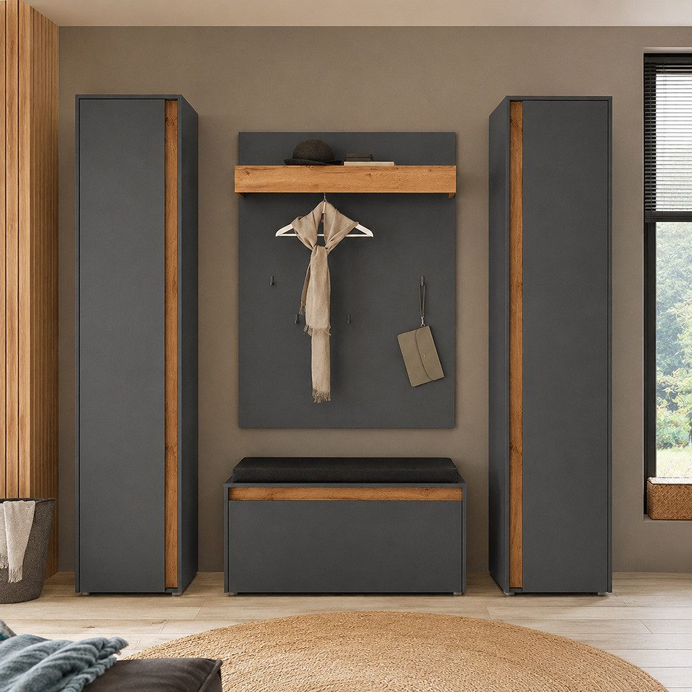 Lomadox Garderoben-Set CRISP-61, (Spar-Set, 4-St., Garderobenpaneel Schuhbank Garderobenschränke), Anthrazit mit Eiche, griffloses Design, modern