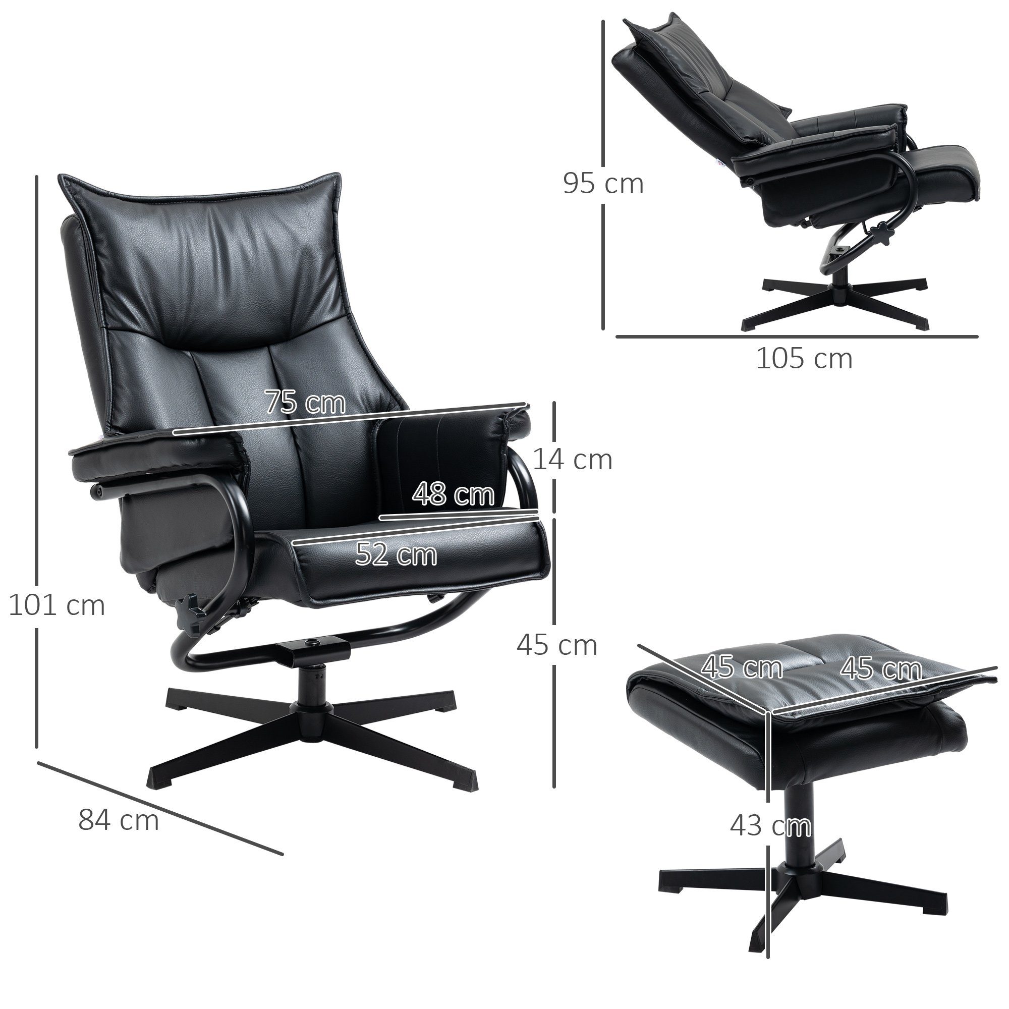 HOMCOM Polsterstuhl drehbarer Relaxsessel mit Hocker (Ruhesessel, 2 St), für Wohnzimmer, Büro, Kunstleder, Stahl, Schwarz