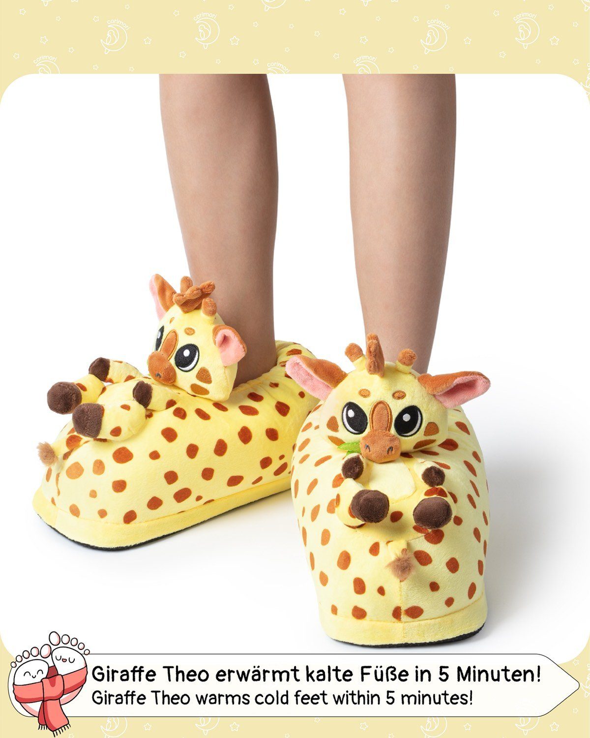 Corimori Süße Giraffen Slipper für Kinder und Erwachsene Plüsch Hausschuhe (Packung, Geschenk) super weiche Puschen, Tierhausschuhe, EU Einheitsgröße 34-44