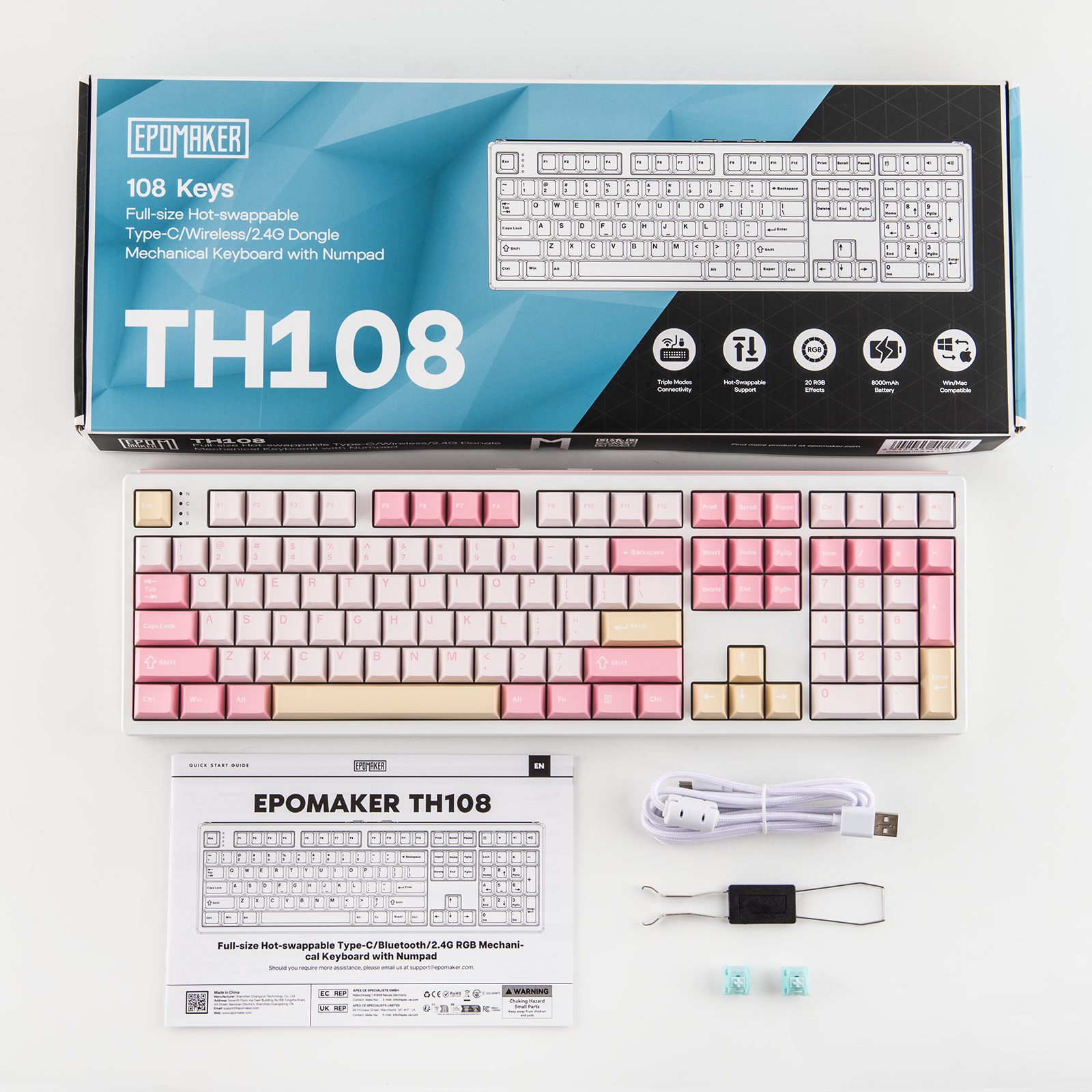 EPOMAKER TH108 Full Size Mechanische Tastatur, RGB Gaming-Tastatur Kabellos Tastatur (QWERTY, Custom Driver, Creamy Gasket, Hot-Swap, 8000mAh)