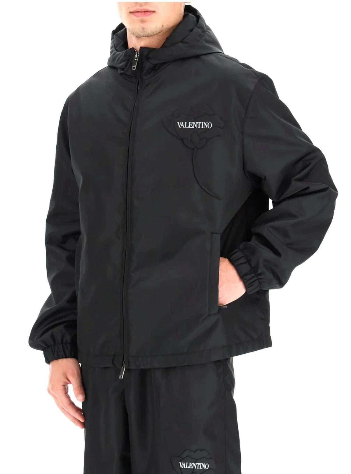 Valentino Allwetterjacke Jacke Blumenlogo Blouson Parker Mit Kapuze seitliche Reißverschlusstaschen, Aufgesticktes Blumenlogo