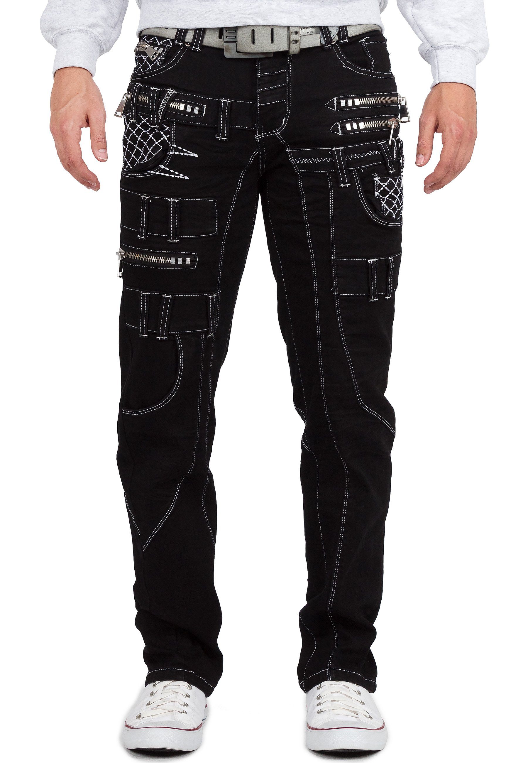 Kosmo Lupo 5-Pocket-Jeans Herren Regular Fit Jeans Stonewashed KM009 (1-tlg) Markantes Design mit Aufgesetzten Applikationen