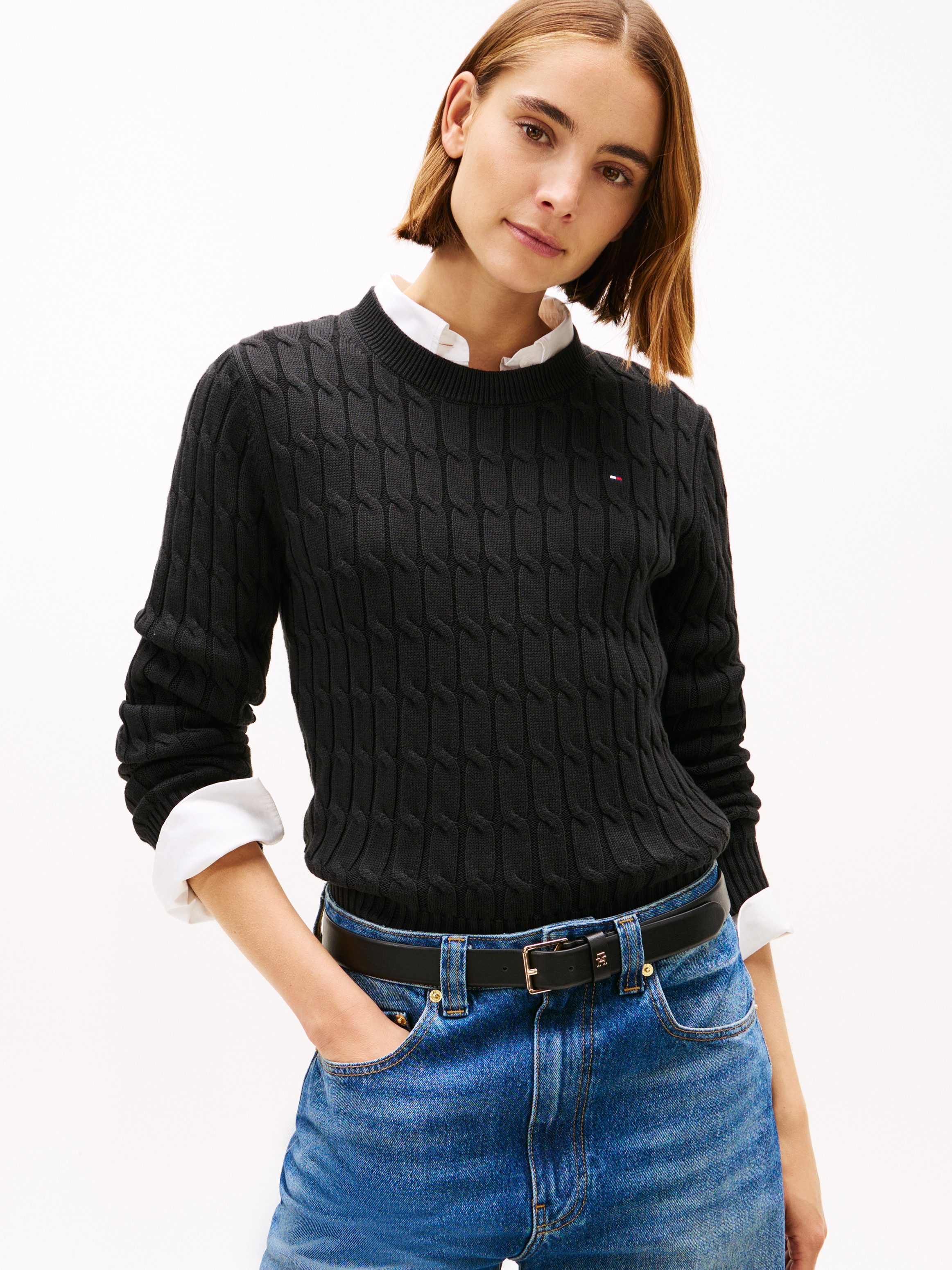 Tommy Hilfiger Rundhalspullover CO CABLE MID GG C-NK LS SWT mit Zopfmuster günstig online kaufen