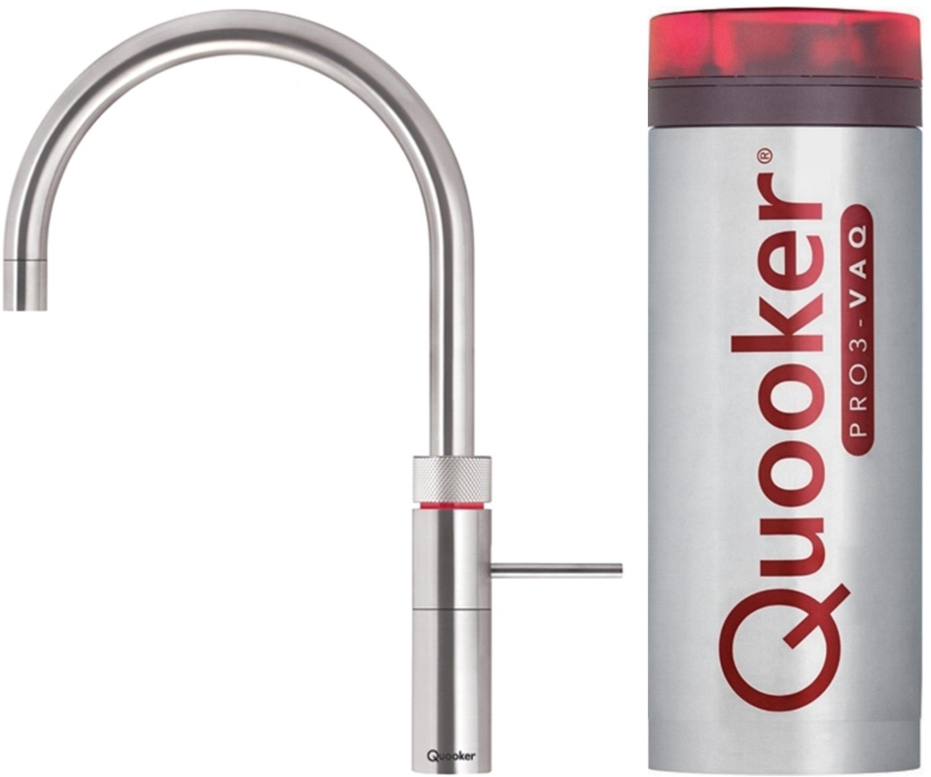 (2-St) & QUOOKER 100°C Edelstahl (3FRRVS) FUSION Armatur Kochendwasserfunktion Round Küchenarmatur PRO3 100°C VAQ mit QUOOKER Spültischmischer