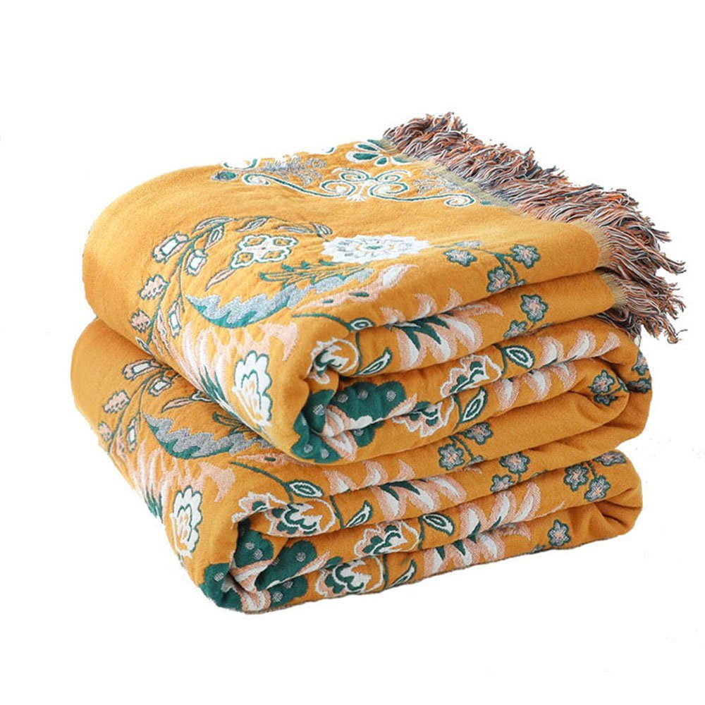 Sofaschoner Decke FELIXLEO Sofaüberwurf Doppelseitig Gelb 200*230cm Blumen Muster Baumwolle
