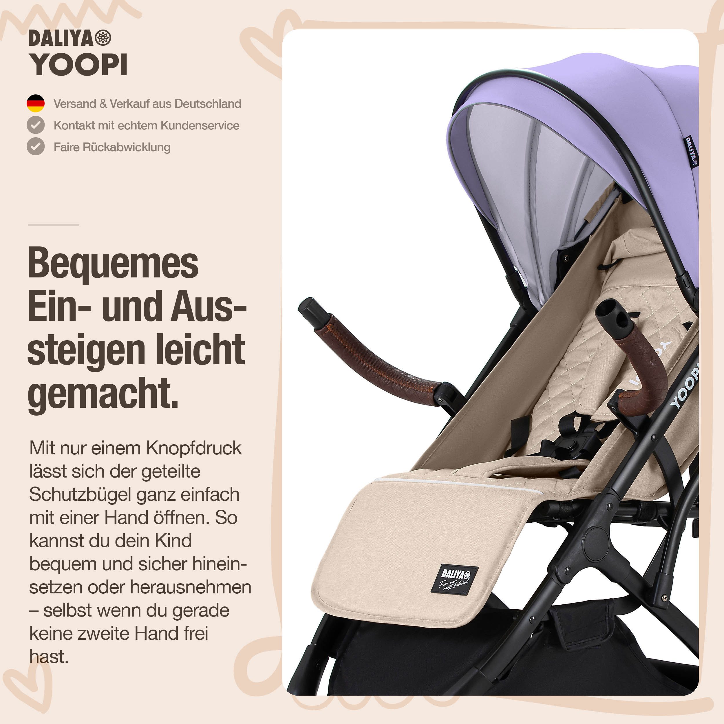 Daliya® Kinder-Buggy YOOPI Reisebuggy, kompakt faltbar, mit Teleskopgriff, Flugzeug Buggy, Stadt-Buggy, Reisebuggy, faltbar, Alurahmen, sicher, gefederte Räder
