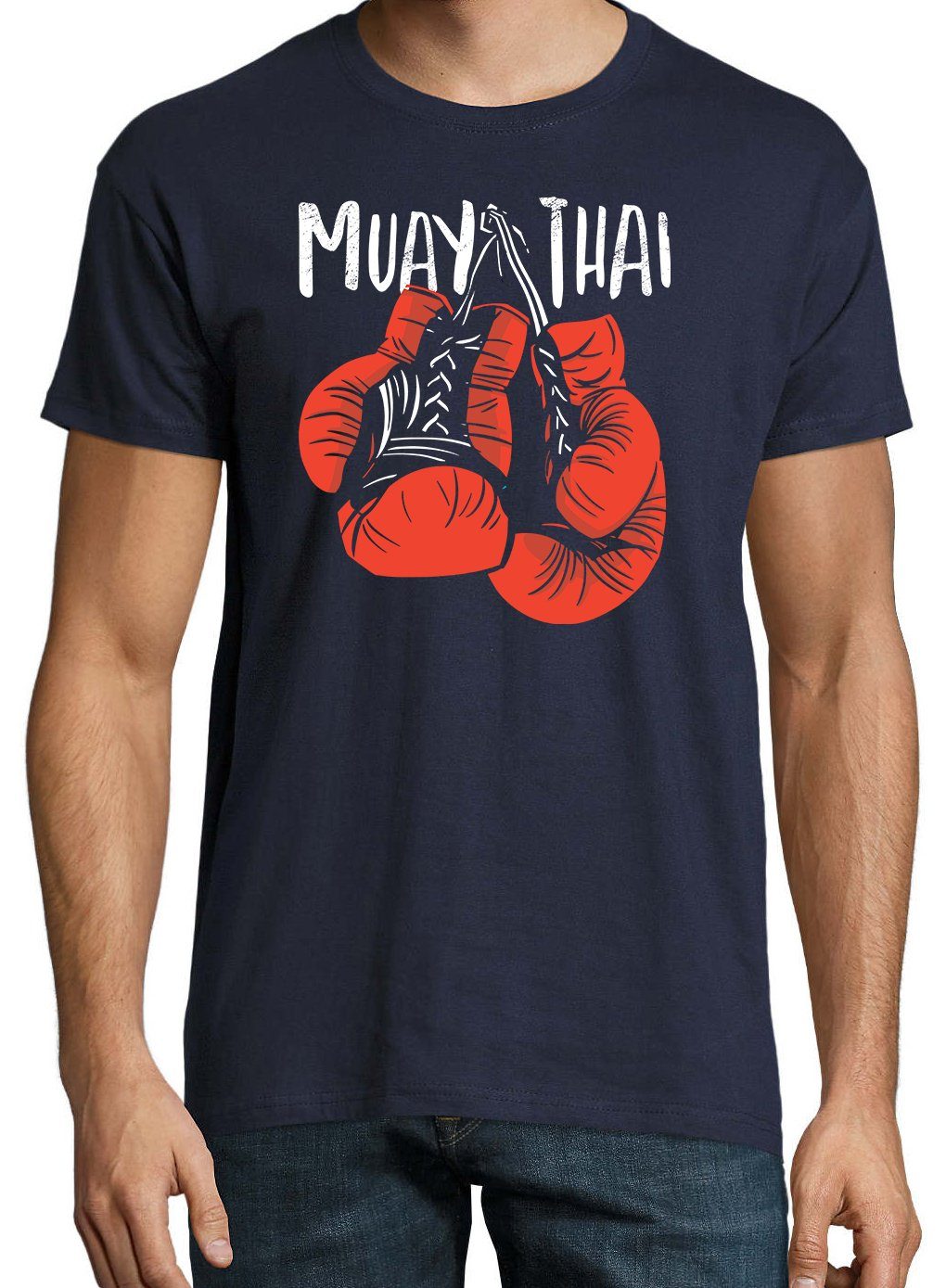 trendigem Shirt mit Boxen Thai Designz Herren Navyblau T-Shirt Frontprint Muay Youth