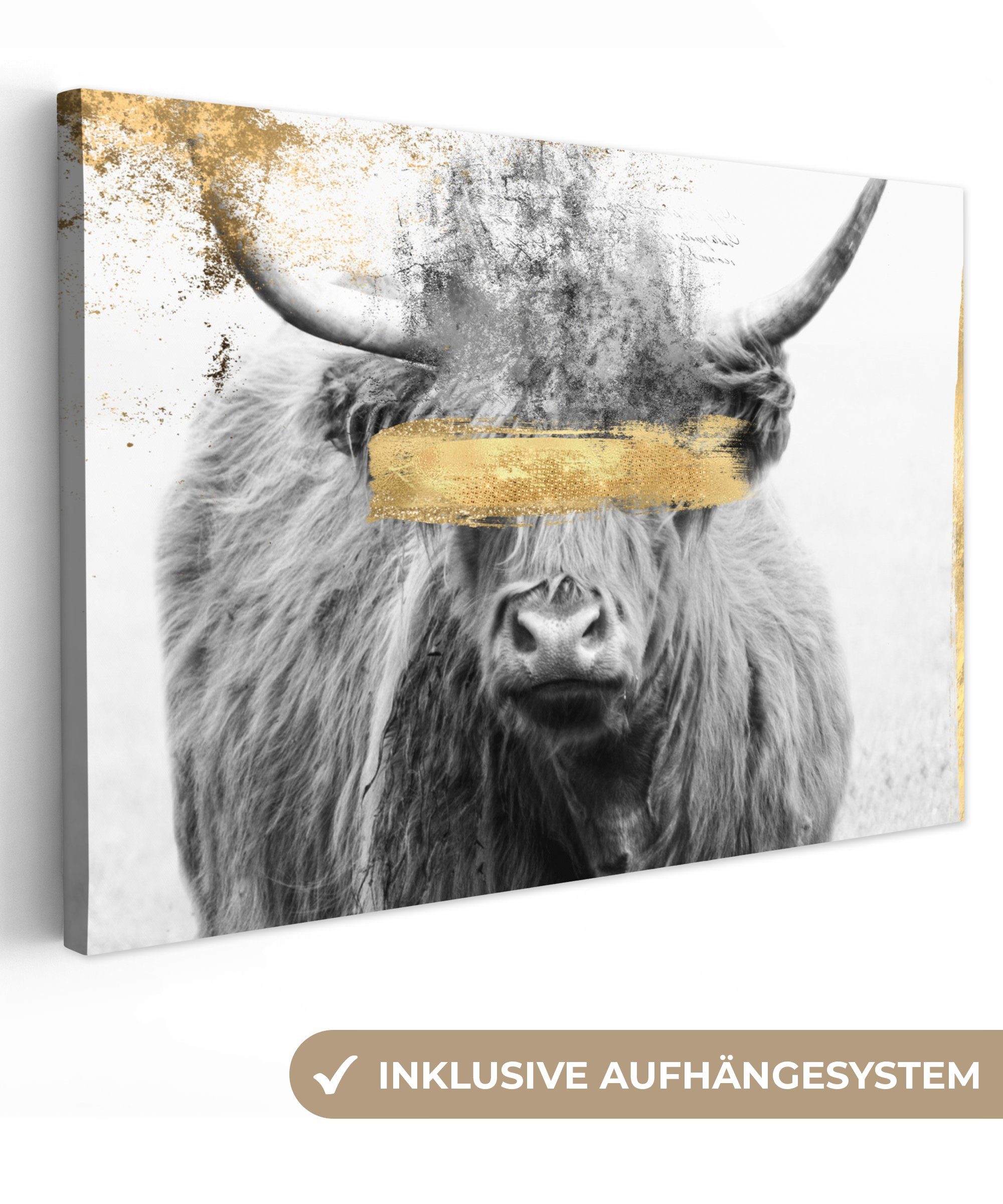 OneMillionCanvasses® Leinwandbild Schottischer Highlander - Gold - Schwarz - Weiß, (1 St), Wandbild Leinwandbilder, Aufhängefertig, Wanddeko, 30x20 cm