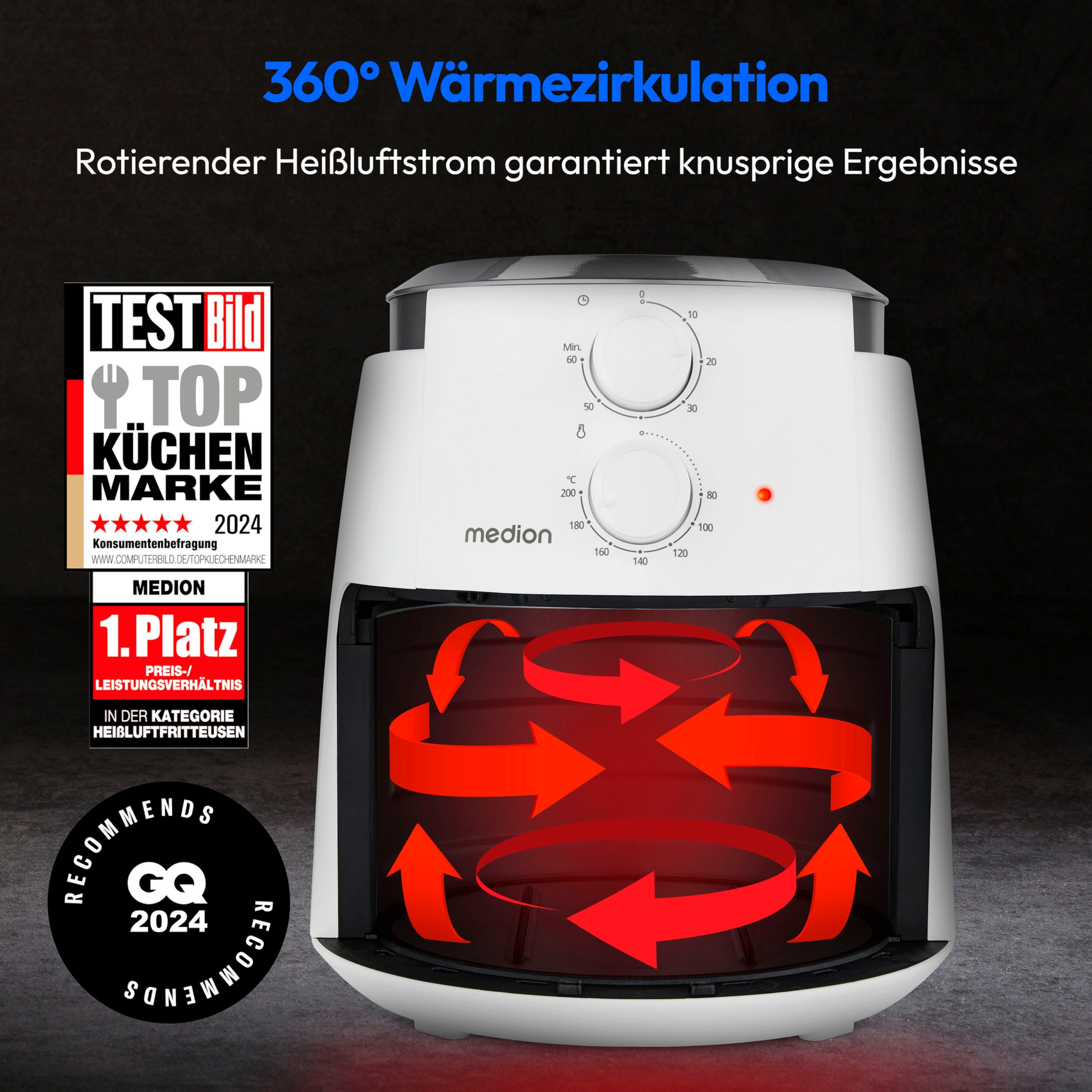 Medion® Heißluftfritteuse MD13020, 1500 W, 4,7 Liter, 60 Min Timer, bis 200°C, Antihaft-Beschichtung, schwarz