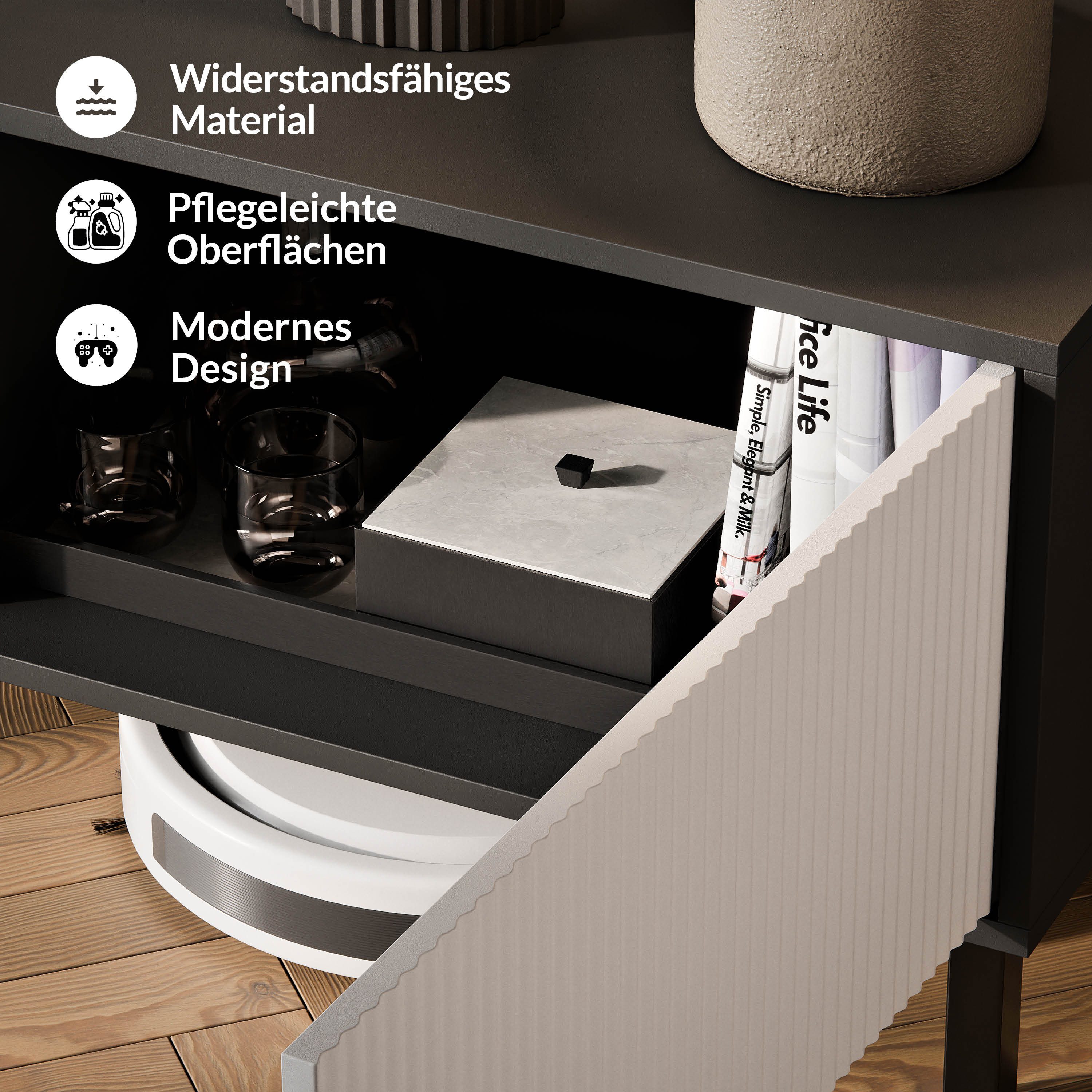 Planetmöbel TV-Schrank Liora TV Board, Lowboard 120 cm lang, TV Kommode (für Fernseher bis 50 Zoll, Fernsehtisch für Wohnzimmer, viel Stauraum) Fernsehschrank m – Bild 4 von 5