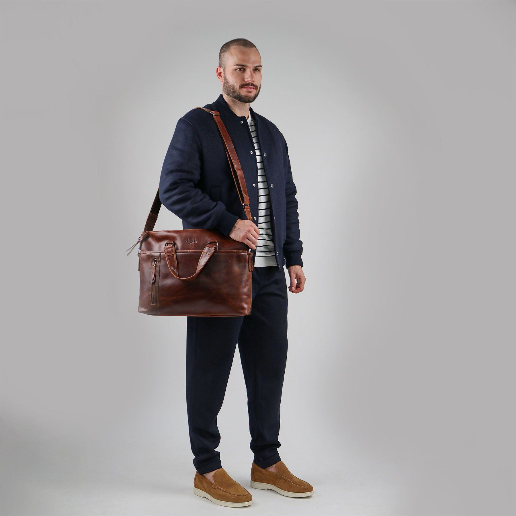 SID & VAIN Umhängetasche echt Leder Aktentasche 15 Zoll Laptop-Hülle braun, Laptoptasche 15,4 Zoll, Arbeitstasche Umhängetasche Damen Herren braun