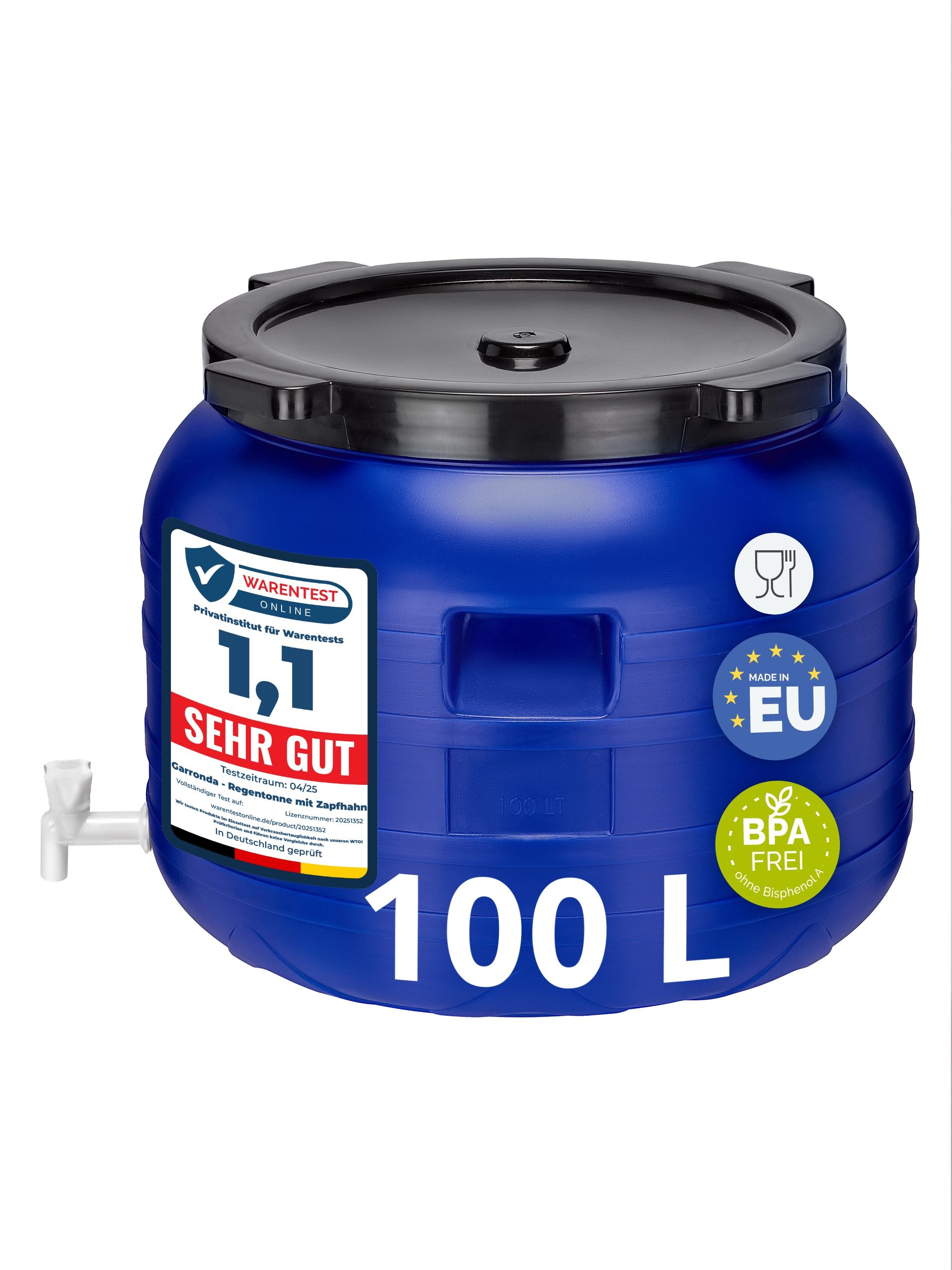 Garronda Regentonne 100L BPA-freies Fass mit Hahn Universalfass für Garten GD-0092, Blau, 100 l