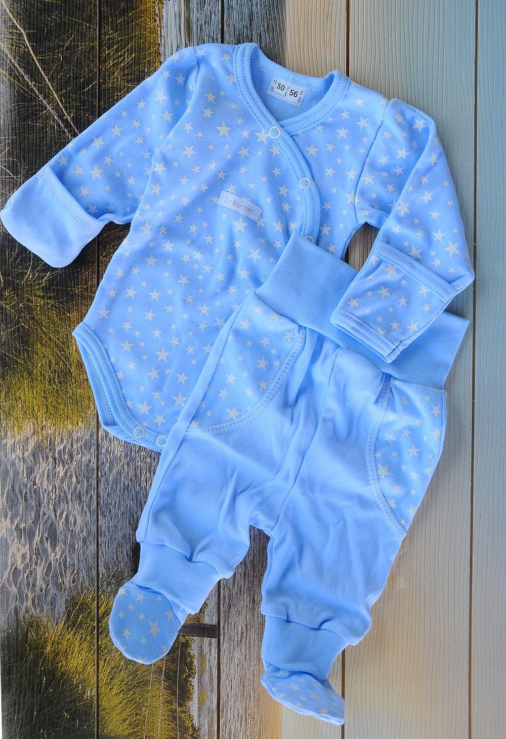 La Bortini Body & Hose Wickelbody Hose Baby Anzug 2tlg Set Body 44 50 56 62 68 74 80 86 aus reiner Baumwolle, mit Sternenmuster
