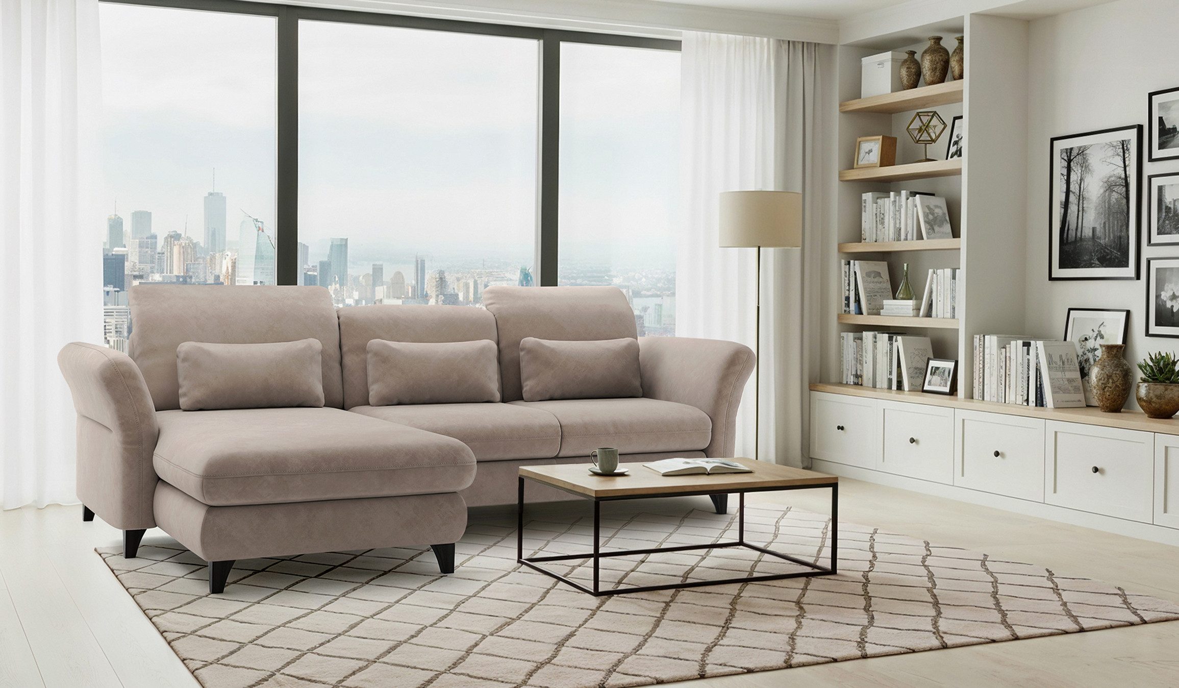 Hygger Möbelhaus Ecksofa Eva L-Form, B/T/H: 253/190/93 cm, inkl. Taschenfedern, 3 Nierenkissen, Wahlweise mit Bettfunktion und Bettkasten, Inkl. Sitztiefenverstellung, Kopfteilverstellung, Armteilverstellung, Hergestellt in Europa