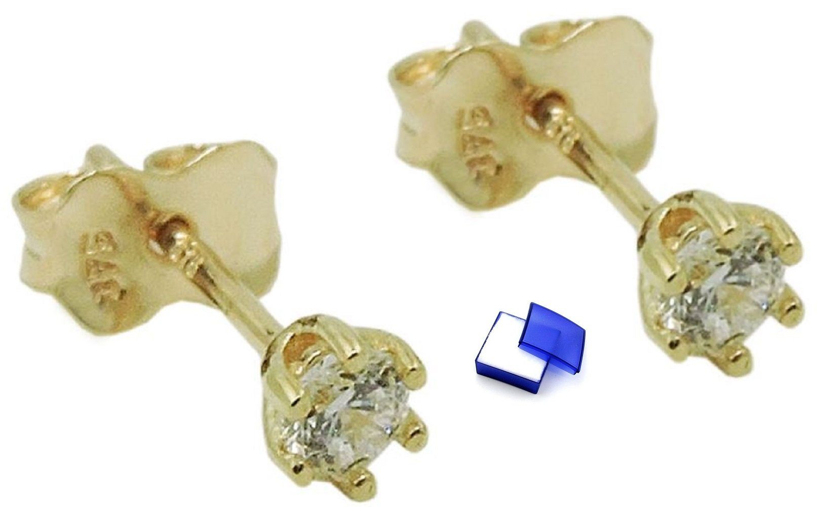 unbespielt Paar Ohrstecker Ohrringe mit Zirkonia 375 Gold 3 mm inklusive Schmuckbox, Goldschmuck für Damen und Herren