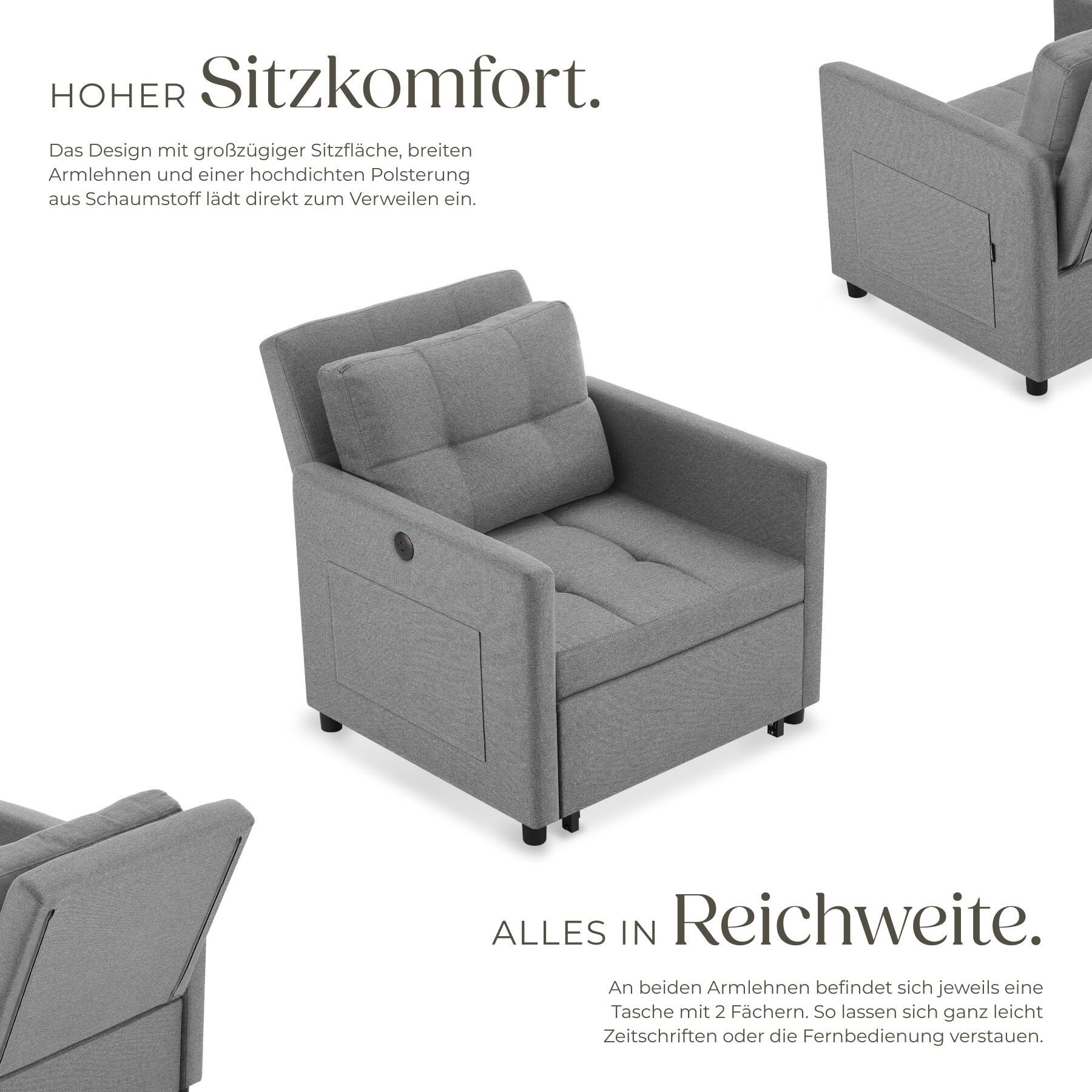 tectake Relaxsessel 3in1 Funktionssessel mit 6-fach verstellbarer Rückenlehne (Schlafsessel Mit Liegefunktion Toyama, in Grau), Stahlgestell, 2 große Seitentasc – Bild 3 von 5