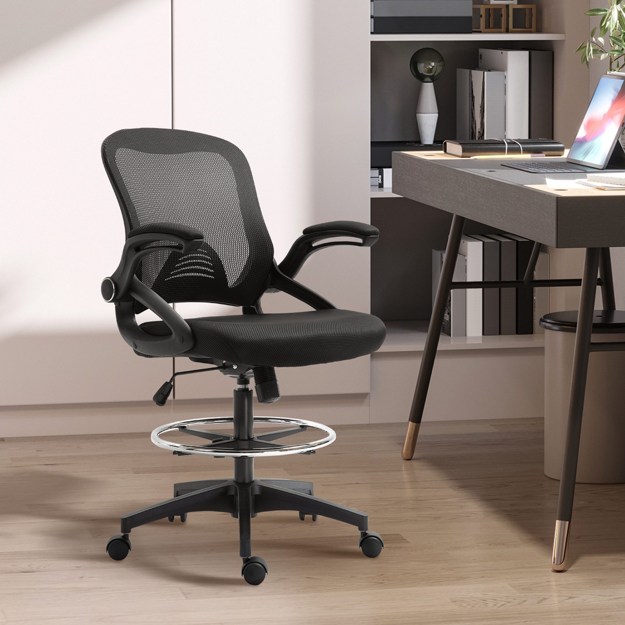 Vinsetto Schreibtischstuhl Bürostuhl, Zeichenstuhl mit Wippfunktion und Netzbespannung (Höhenverstellbarer Drehstuhl mit verstellbarem Fußring, 1 St), Arbeitsstuhl für Zuhause, Schwarz, 64 x 60 x 106-126 cm