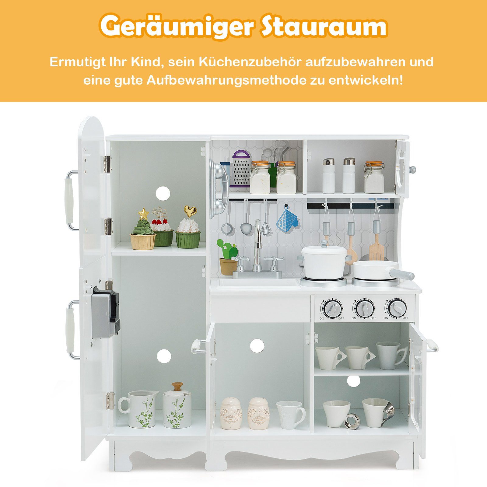 COSTWAY Spielküche Kinderküche, mit Licht & Kühlschrank