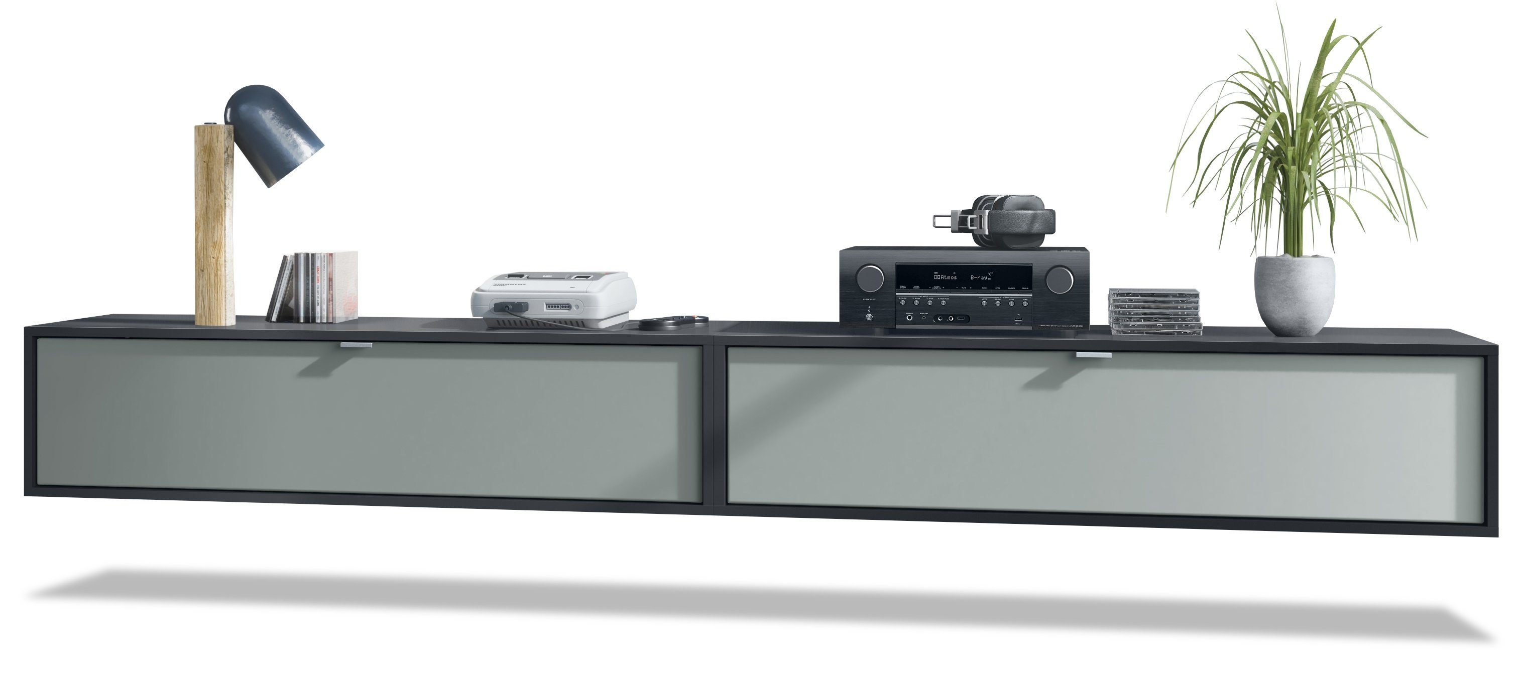 Vladon Lowboard Lana 1200 (2er-Set Tv-Kommode, mit Klappe dahinter 3 Fächer), Schwarz matt/Graphit Seidenmatt (120 x 29 x 37 cm)