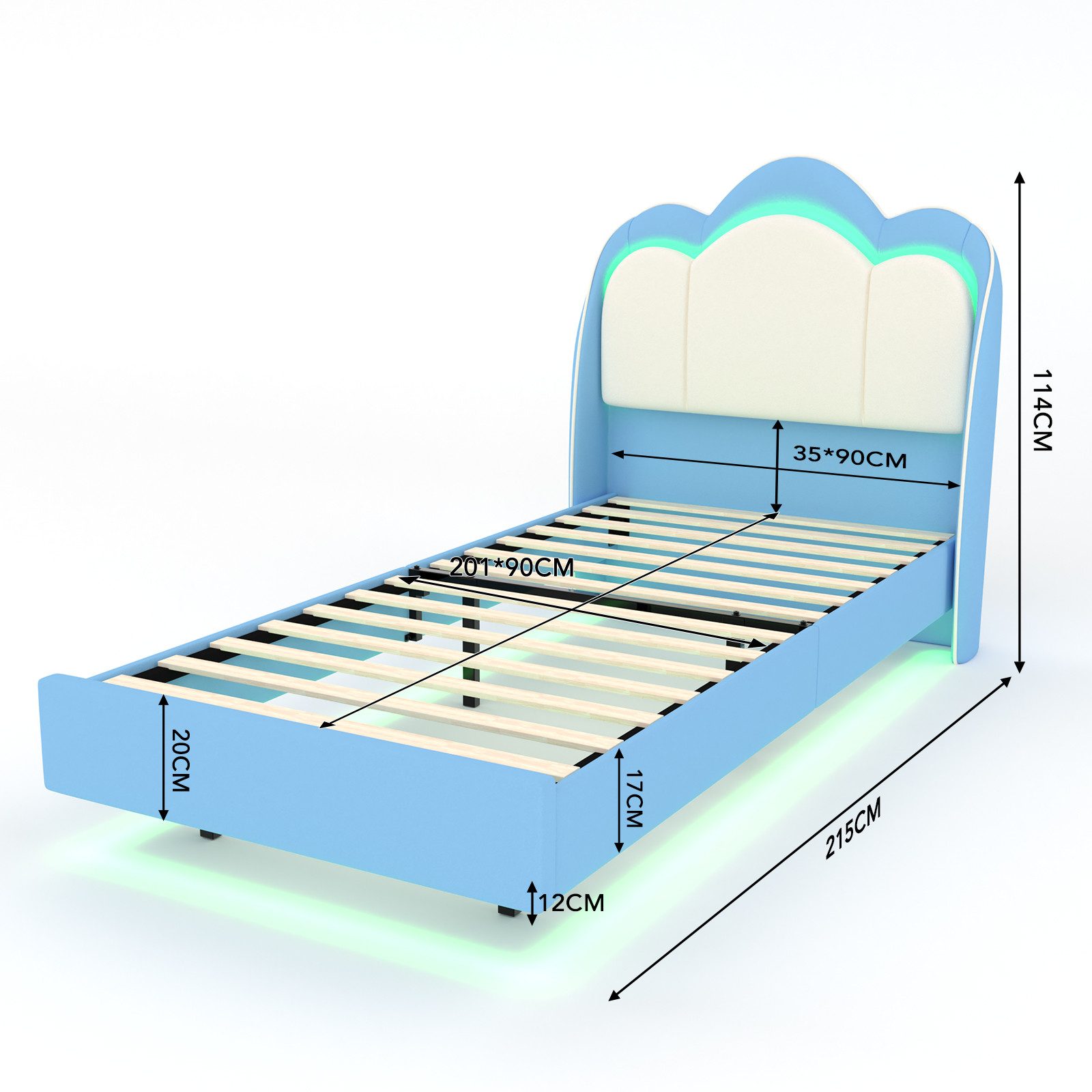 HOMAVO Polsterbett Kinderbett Samt-Polsterbett, inkl. LED, bis 360 kg belastbar (FSC®, Rollrost, Metall/Massivholz, Anti-Rutsch-Klett - für Kinder & Jugend)