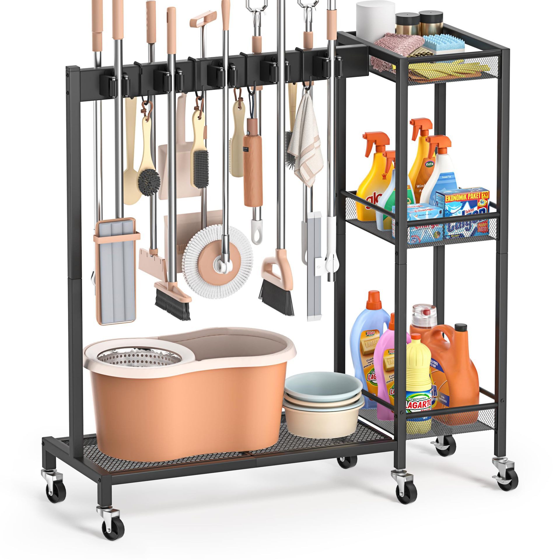 ibettertec Putzwagen Reinigungswagen mit Rollen,Besenhalter und Organizer,mobiler Putzwagen, (mit 10 Halterungen, 4 Haken und 3 Ablagen für Haushalt, für Reinigungsutensilien, Besen- und Mopphalter), Metall,platzsparender Organizer,85*30*85cm