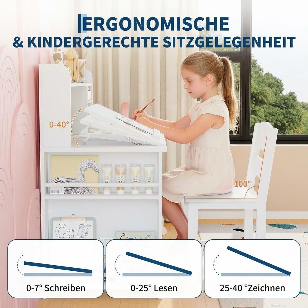 GarveeMore Kinderschreibtisch -Set mit Stuhl und Stauraum,Aufsatz,neigbarer Rückenlehne, Holztisch mit Aufbewahrungsschrank für Kinder von 3-8 Jahren