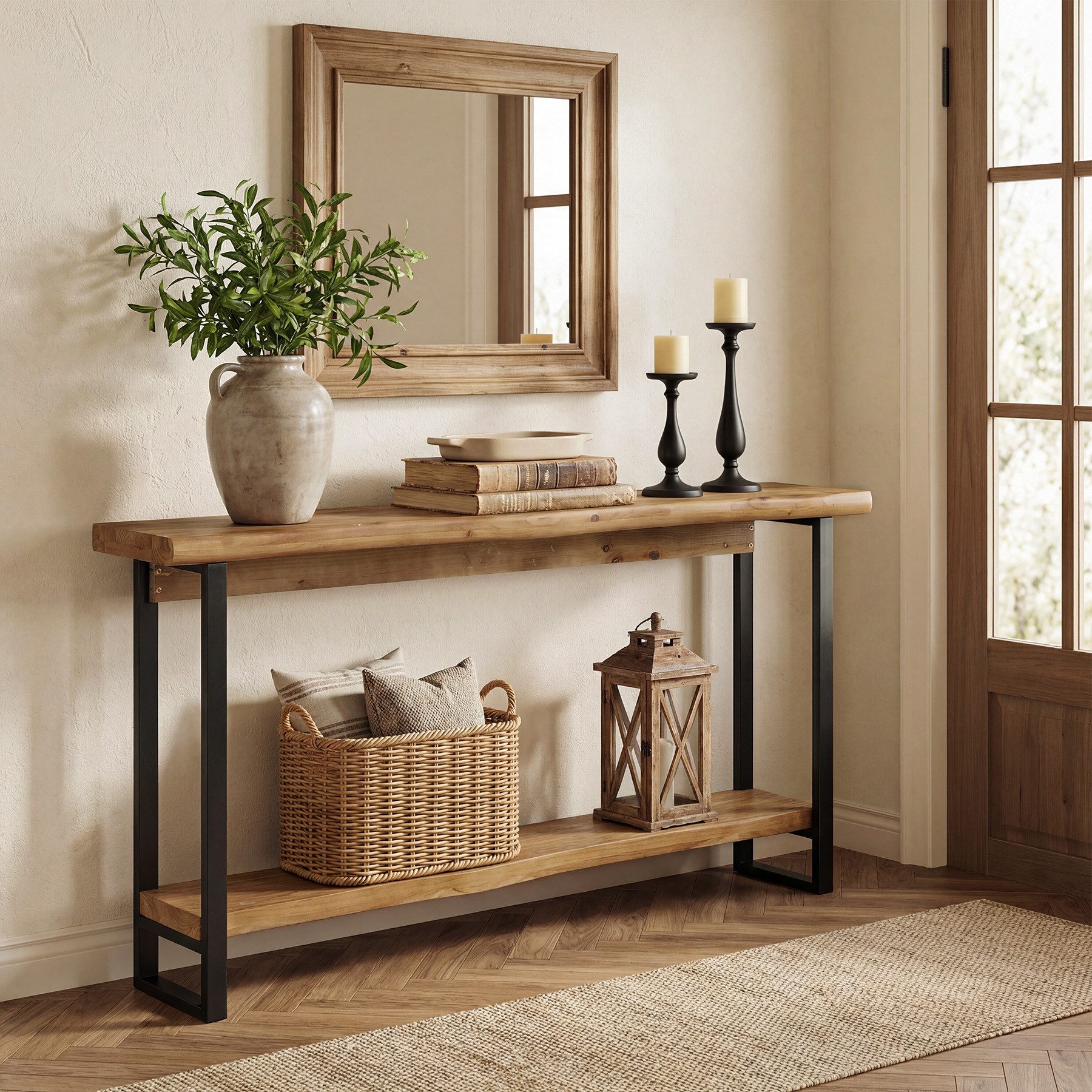 Tribesigns Konsolentisch Massivholz, 2-stufig 160cm Langer Flurtisch Schmaler mit Metallgestell