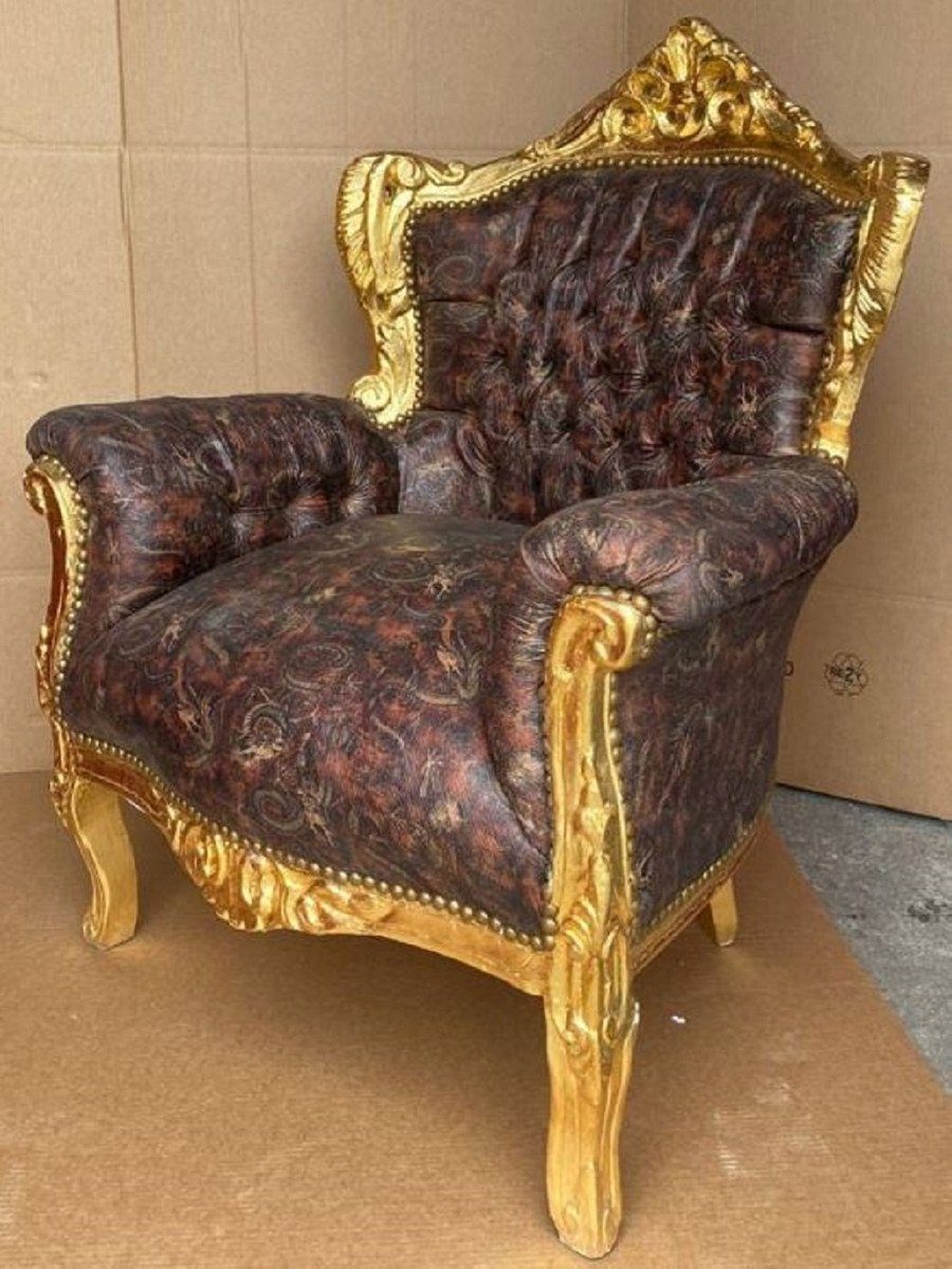 Barock Sessel Handgefertigter - - Wohnzimmer - Gold mit Möbel Sessel Wohnzimmer Sessel Casa / Kunstleder Stil Massivholz Mehrfarbig Padrino Wohnzimmer Sessel Antik Barock