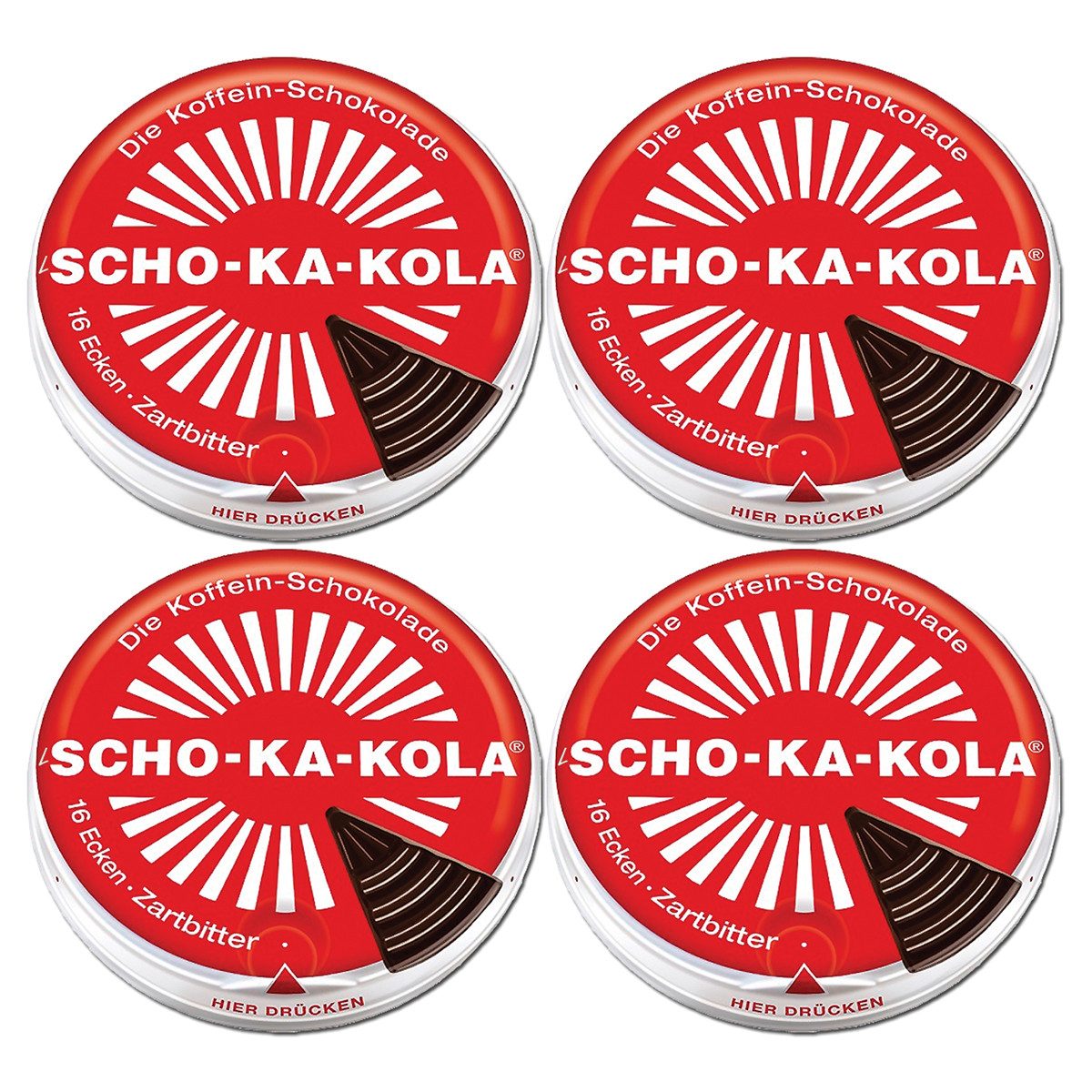SCHO-KA-KOLA Schokolade, SCHO KA KOLA die Dose mit 16 Ecken Zartbitterschokolade 100g 4er Pack