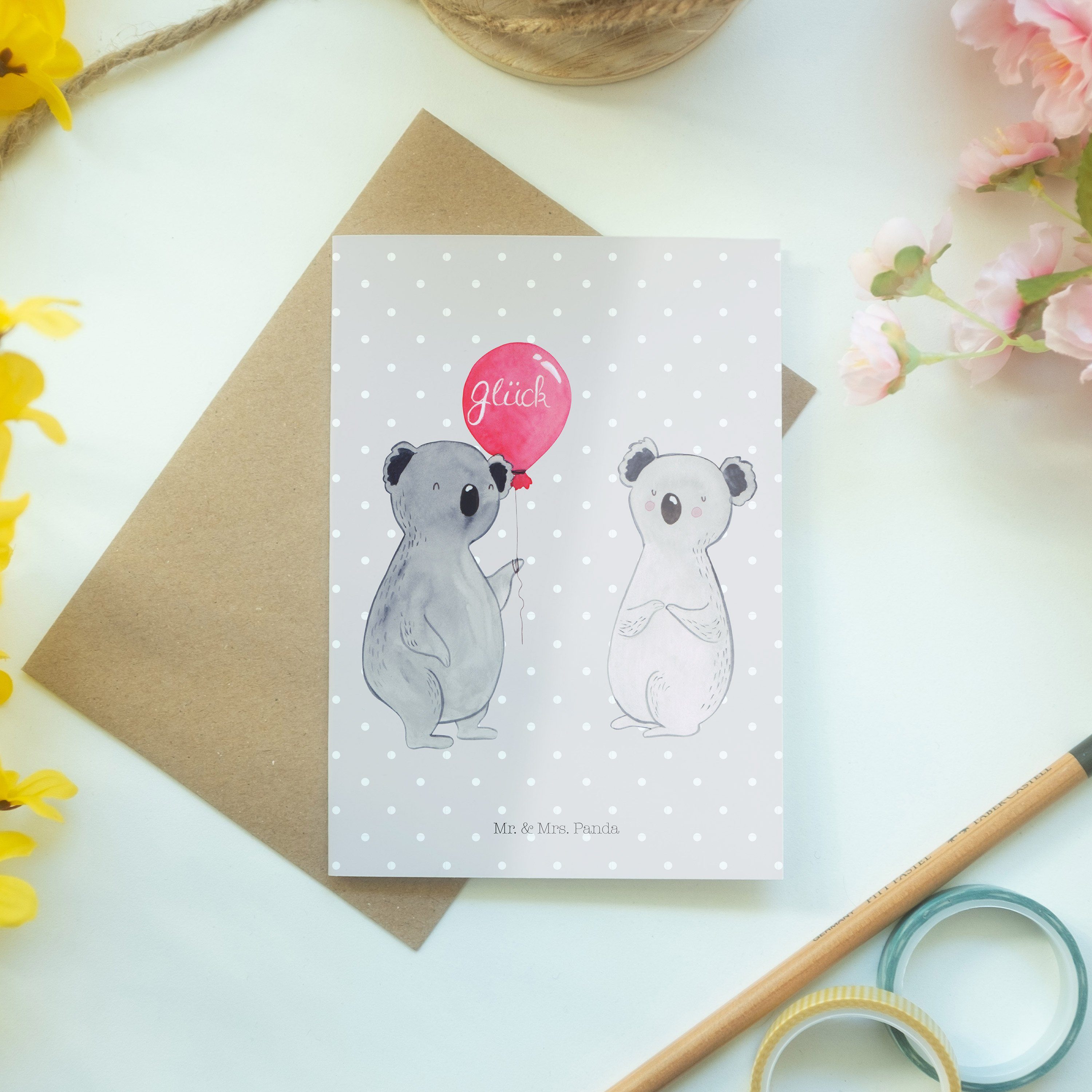 Panda K Geschenk, Pastell - Party, Luftballon Mrs. Grau & Einladungskarte, Grußkarte Koala Mr. -