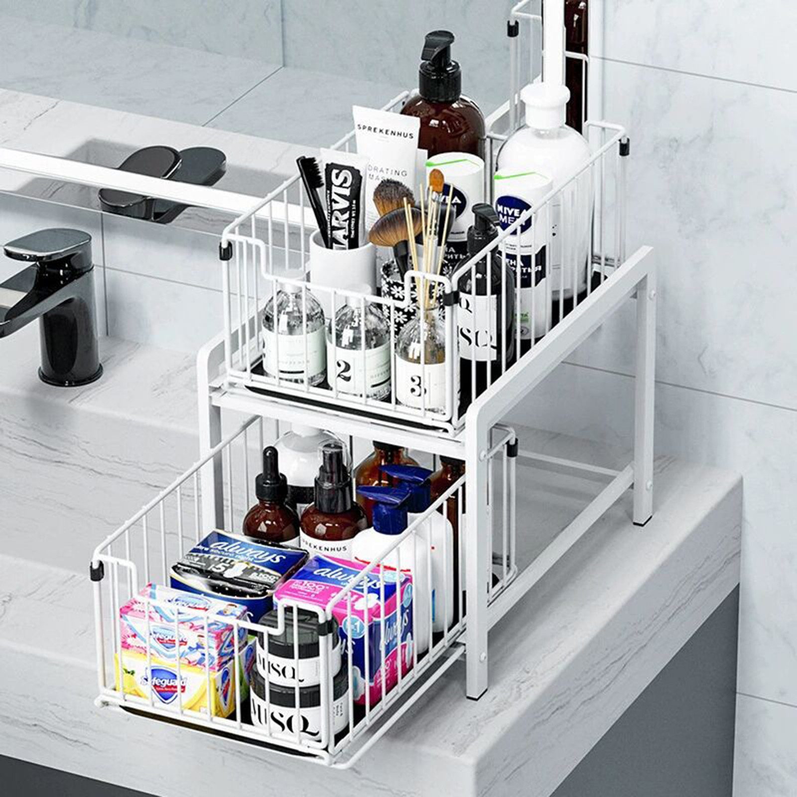 GarveeMore Küchenorganizer-Set 2Ebenen Auszug mit Schiebeschublade Kabinett Organizer Unter der Spüle, Slide-Out Stackable Under Sink Cabinet Organizer Mehrzweck für Küche
