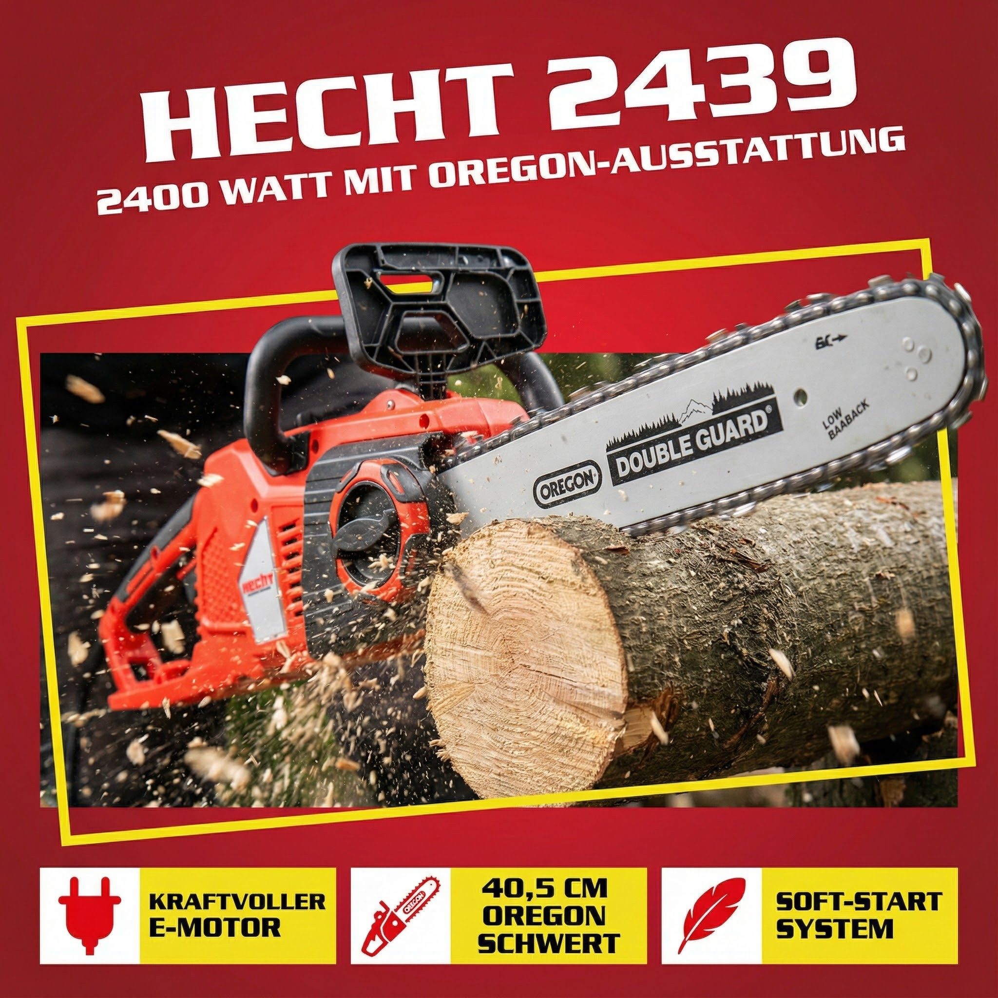 Hecht Elektro-Kettensäge Motorsäge elektrisch 2439, 230V, Soft-Start, 40,5 cm Schwertlänge, OREGON Schwert, 2400W, 3/8"