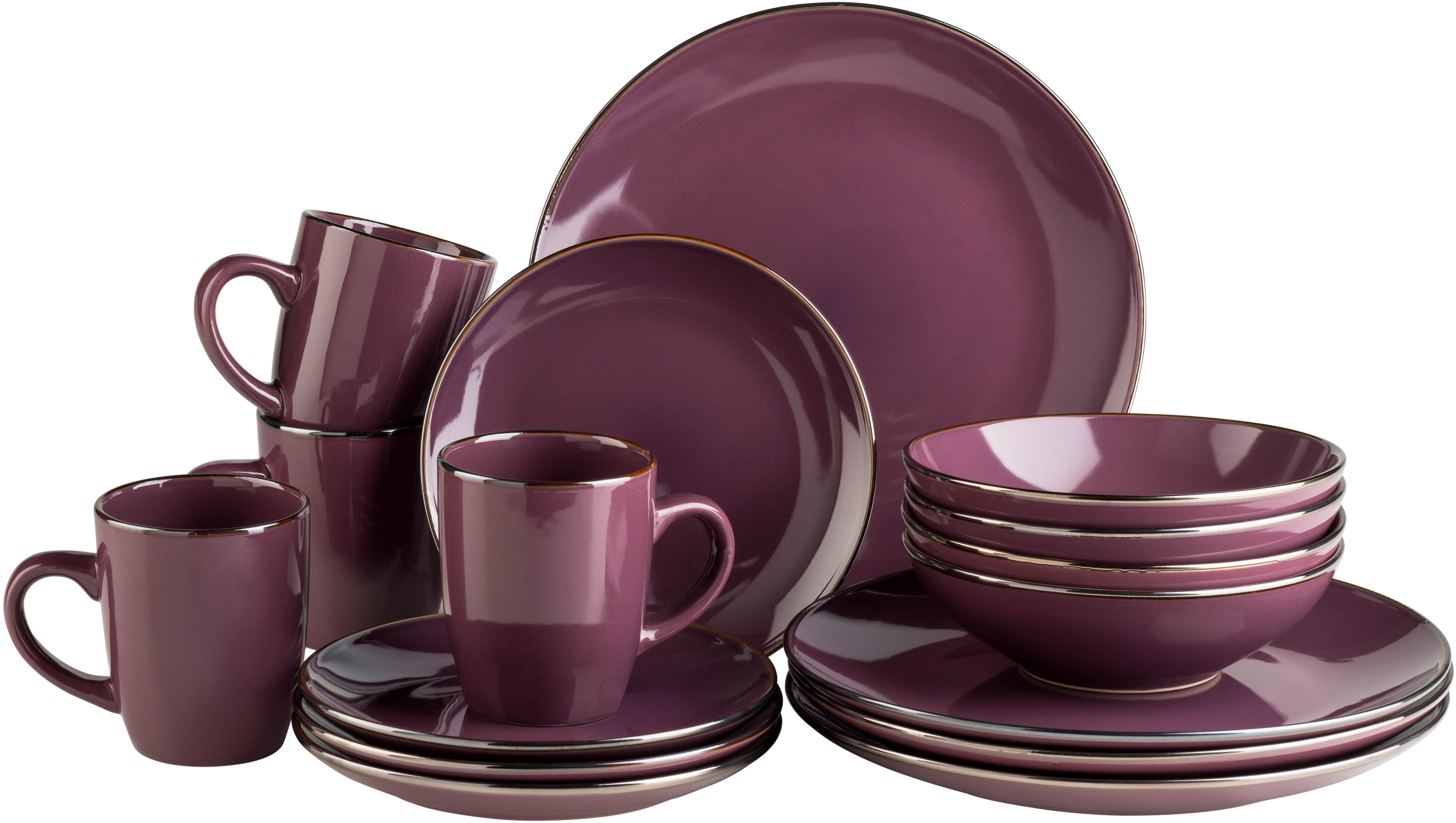 MÄSER Kombiservice METALLIC RIM, Geschirr-Set, Steinzeug (16-tlg), 4 Personen, Steinzeug