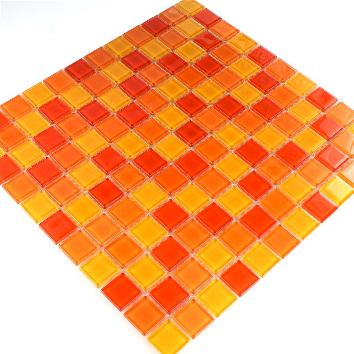 Mosafil Mosaikfliesen Mosaikfliesen Glas Rot Orange Gelb 25x25x4mm, Glas 32.700x30.200, rot-gelb-orange, Verlegefertig auf ein Netz geklebt - Frostsicher - Wasserfest