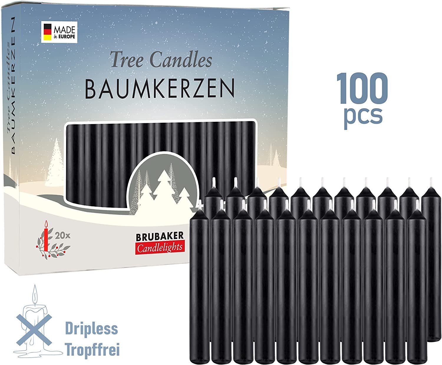 BRUBAKER Tafelkerze Baumkerzen aus Wachs (100er Pack Christbaumkerzen, 100-tlg., Wachskerzen für Weihnachtsdekoration, bunte Weihnachtskerzen), rauchfreie und geruchsneutrale Pyramidenkerzen