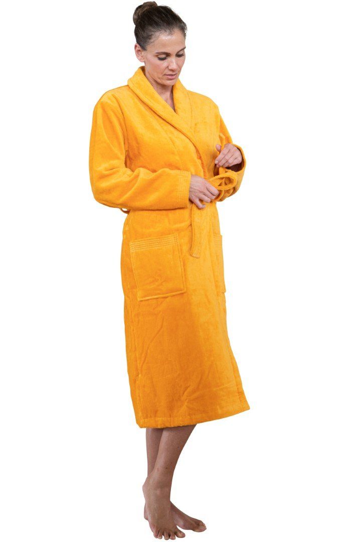 Sensepura Damenbademantel Frottee Bademantel gelb/orange Größe S mit  Schalkr, Baumwolle, Weiche Frotteequalität