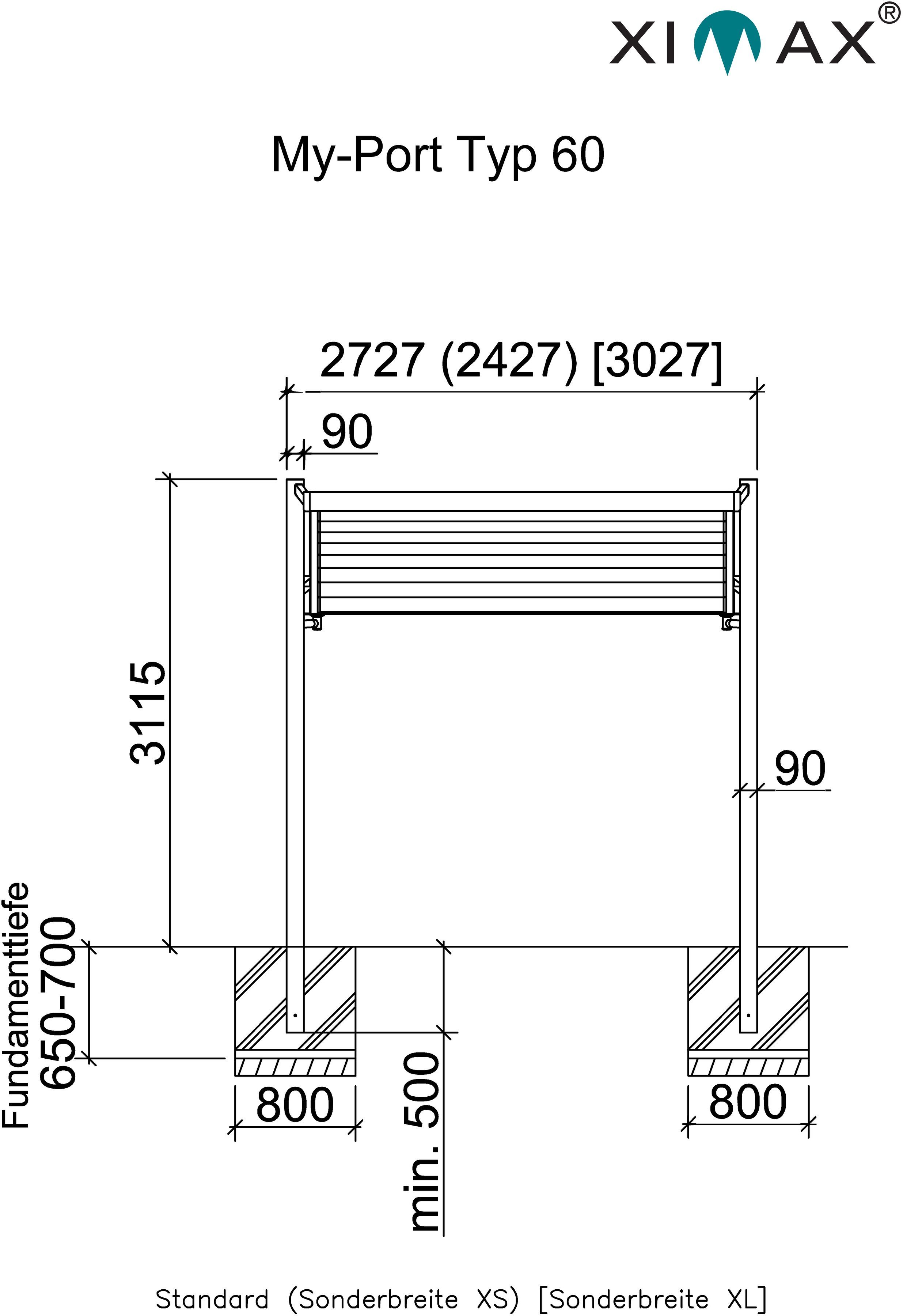 Typ 2450 BxT: Ximax 243x503 cm My-Port Sonderhöhe-Edelstahl-Look, Aluminium Einzelcarport cm, Einfahrtshöhe, 247 Typ 60