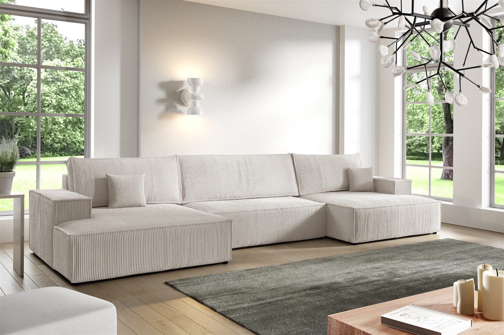 Fun Möbel Wohnlandschaft Sofa in U-Form mit Schlaffunktion CORUNIA Stoff Poso, inkl. Bettkasten, Rücken echt bezogen